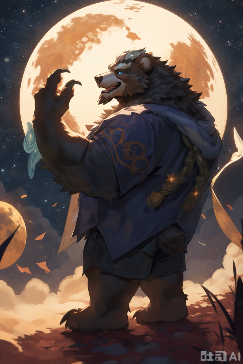 solo, Holding the sun and moon, picking the stars, the sky is filled with stars, the sun and moon shine together, shining brilliantly, with a sense of sacredness and fragmentation, 1boy, full body, furry,male focus, horns, teeth, pants, muscular, light,muscular male, claws, colored sclera,character:Volibear, bear boy,mythical creature, god