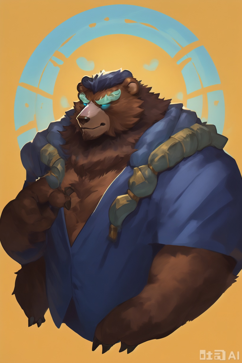 The image depicts a stylized, anthropomorphic bear character. The bear is wearing a blue outfit with gold trim and cloud-like patterns, suggesting a fantasy or mythical theme. The outfit includes a blue jacket with golden designs and a blue scarf or collar. The bear has a stern expression, with green glowing eyes and a small, metallic device on its head. It is holding a green, swirling object in its right paw, which resembles a magical or mystical artifact. The background is plain black, emphasizing the bear character.character:Volibear, bear boy,SVG Furry