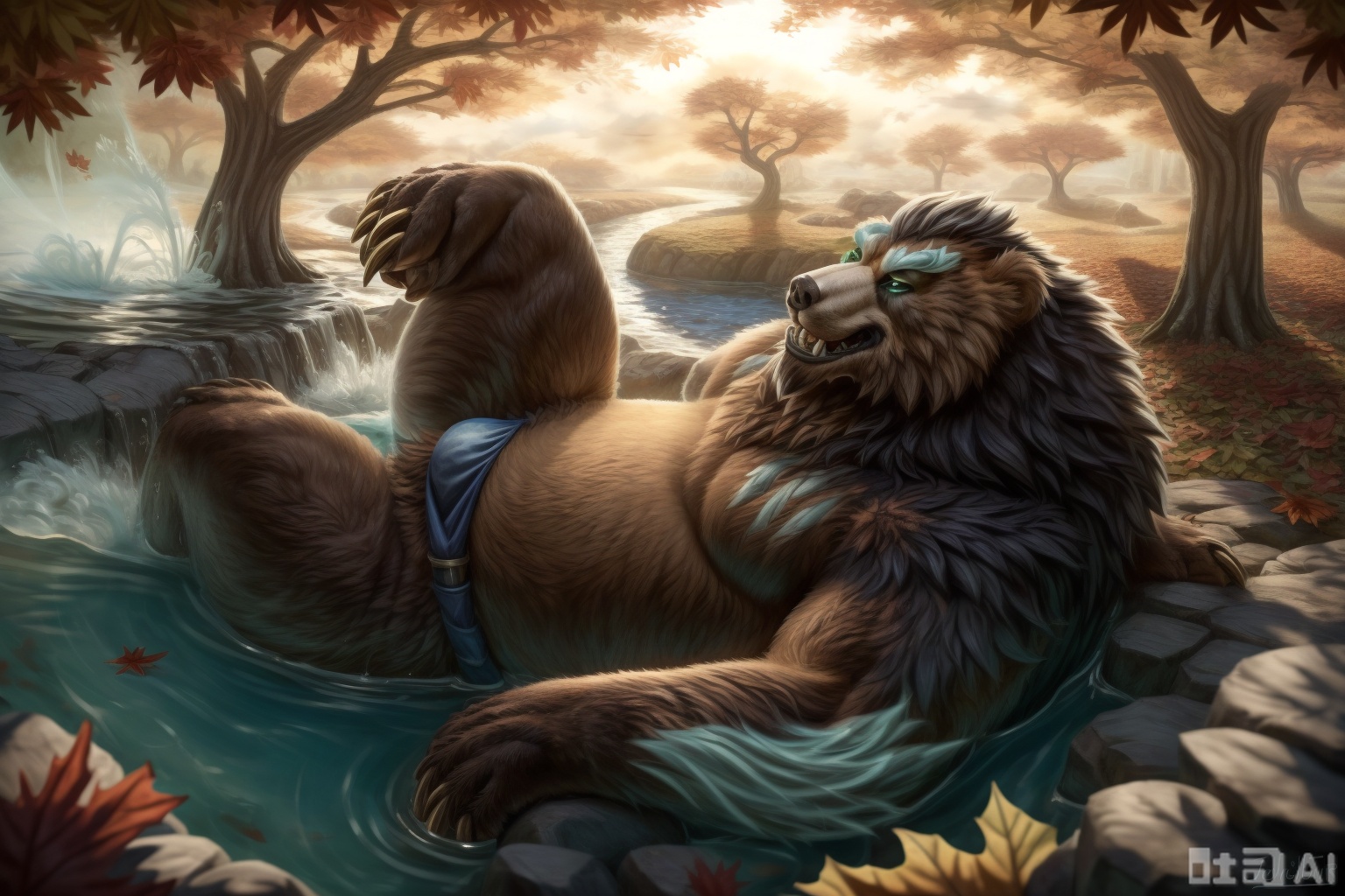 The image depicts a large, muscular bear-like creature lying on its back, surrounded by swirling, dynamic water patterns. The creature has a rugged, furred appearance with prominent features such as a strong jawline, sharp teeth, and piercing green eyes. It is wearing minimal clothing, consisting of a blue loincloth. The background is filled with vibrant autumn leaves in shades of red and orange, creating a warm, natural setting. The water around the creature is depicted with flowing, translucent lines, suggesting movement and energy. The overall style is vibrant and expressive, with a mix of realistic and fantastical elements.character:Volibear, bear boy