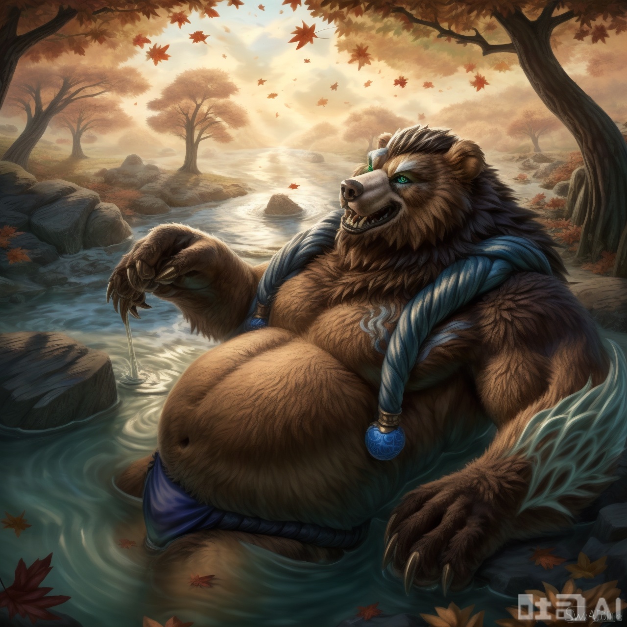 The image depicts a large, muscular bear-like creature lying on its back, surrounded by swirling, dynamic water patterns. The creature has a rugged, furred appearance with prominent features such as a strong jawline, sharp teeth, and piercing green eyes. It is wearing minimal clothing, consisting of a blue loincloth. The background is filled with vibrant autumn leaves in shades of red and orange, creating a warm, natural setting. The water around the creature is depicted with flowing, translucent lines, suggesting movement and energy. The overall style is vibrant and expressive, with a mix of realistic and fantastical elements.character:Volibear, bear boy
