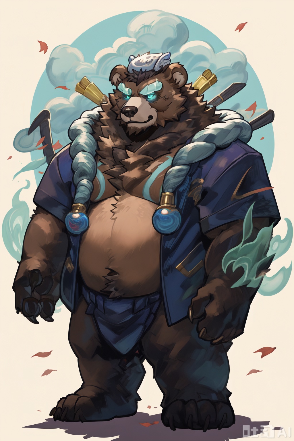 The image depicts a stylized, anthropomorphic bear character. The bear is wearing a blue outfit with gold trim and cloud-like patterns, suggesting a fantasy or mythical theme. The outfit includes a blue jacket with golden designs and a blue scarf or collar. The bear has a stern expression, with green glowing eyes and a small, metallic device on its head. It is holding a green, swirling object in its right paw, which resembles a magical or mystical artifact. The background is plain black, emphasizing the bear character.character:Volibear, bear boy,SVG Furry