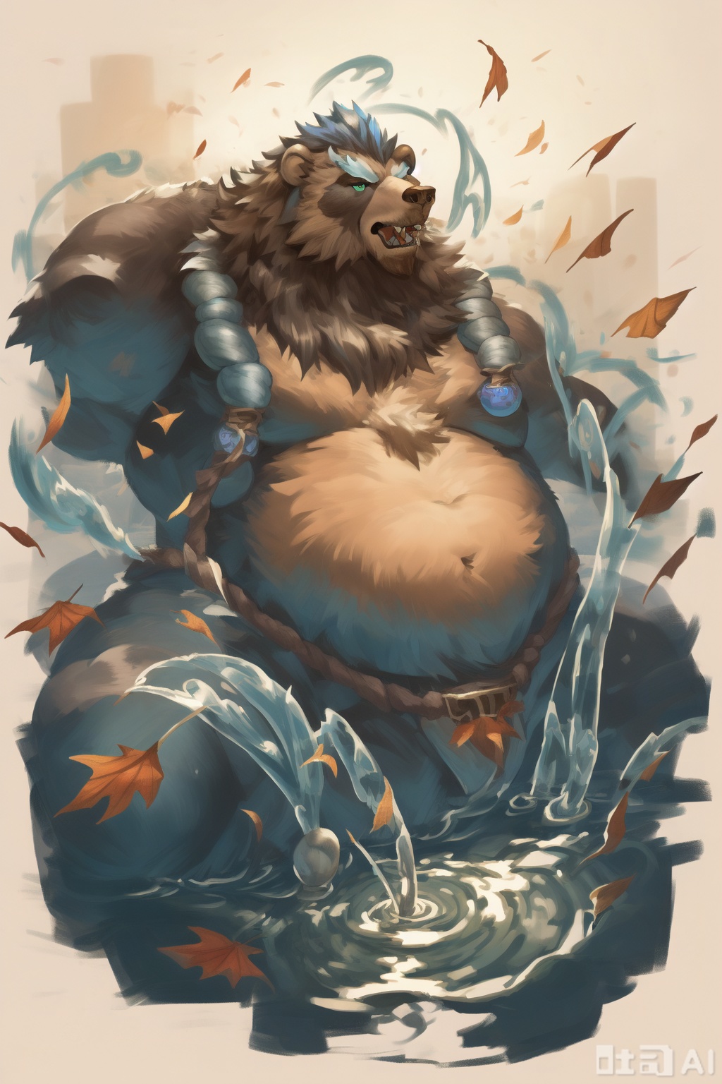 The image depicts a large, muscular bear-like creature lying on its back, surrounded by swirling, dynamic water patterns. The creature has a rugged, furred appearance with prominent features such as a strong jawline, sharp teeth, and piercing green eyes. It is wearing minimal clothing, consisting of a blue loincloth. The background is filled with vibrant autumn leaves in shades of red and orange, creating a warm, natural setting. The water around the creature is depicted with flowing, translucent lines, suggesting movement and energy. The overall style is vibrant and expressive, with a mix of realistic and fantastical elements.character:Volibear, bear boy,SVG Furry