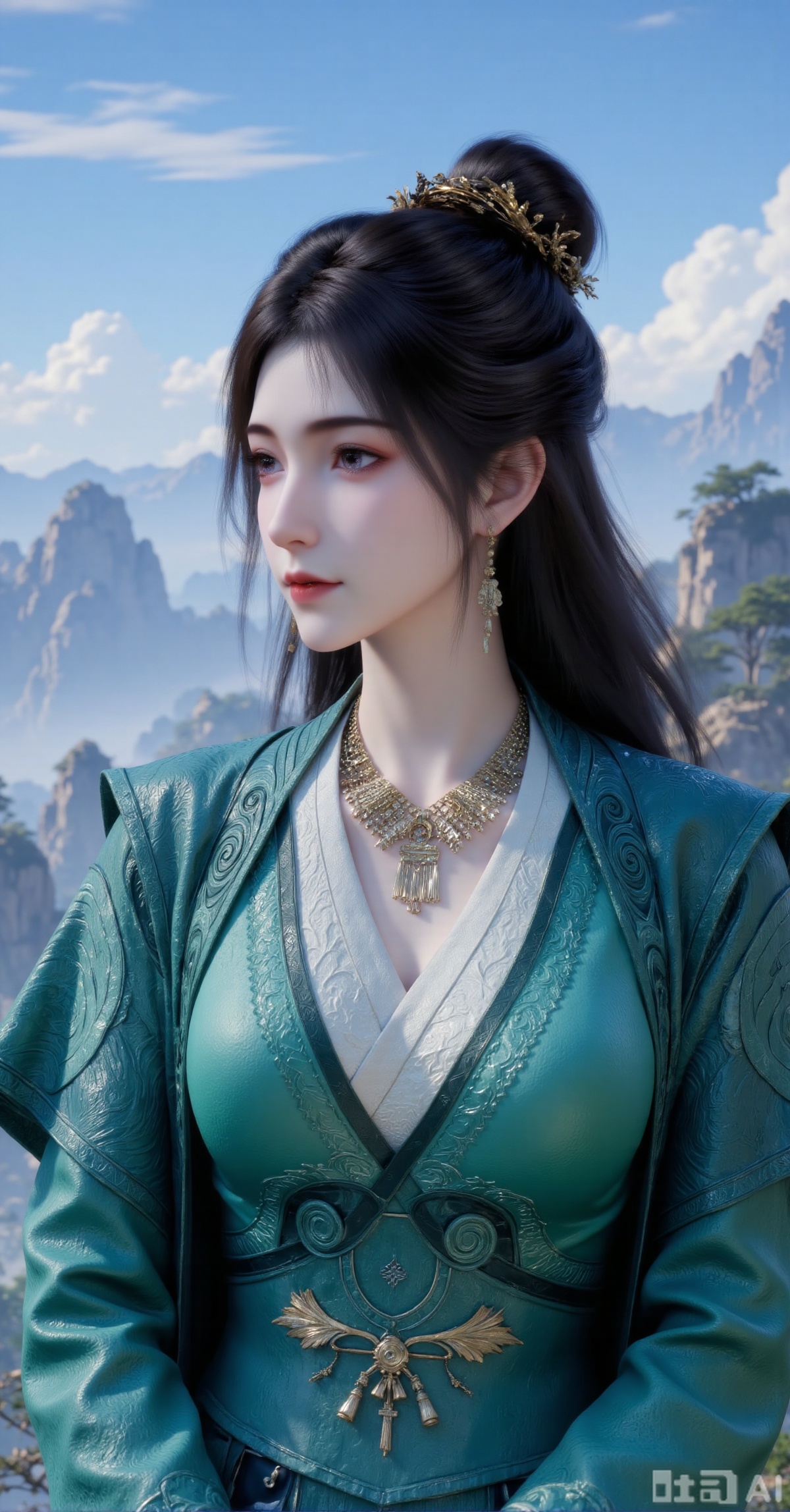 "An elegant Eastern woman wears a jade-green V-neck gown with intricate gold embroidery over white undergarments. Geometric gold necklace and earrings complement her updo adorned with delicate hair accessories. Her dark tresses cascade as she gazes serenely into the distance. The blurred natural backdrop features hazy mountains under blue skies with soft cloud and foliage outlines. Centered composition in dominant teal, gold and white tones under bright diffused lighting. 8K resolution highlights embroidery details, metal reflections and environmental depth for a fusion of classical and contemporary Eastern aesthetics."