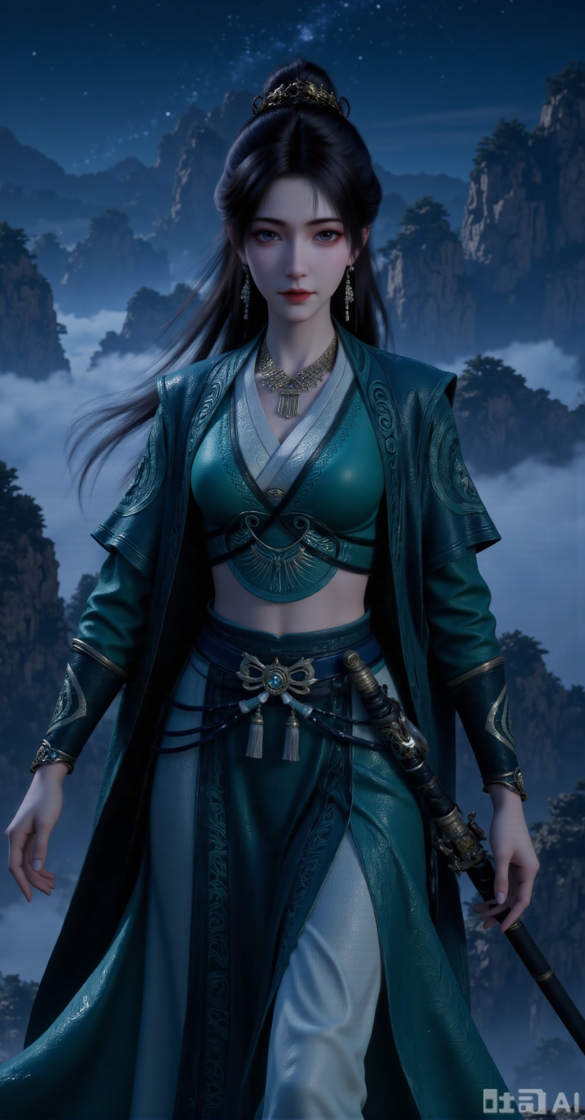 "A formidable Eastern swordswoman with jet-black hair coiled into a topknot adorned with gold accessories, loose strands dancing in the wind. Her striking features include sharp crimson lips and piercing gaze. Clad in a jade-green cropped top with golden scrollwork embroidery at sleeves and shoulders, layered with an asymmetrical dark cape. The high-waisted slit skirt bears subtle cloud patterns, secured by a black wide belt dangling tassels and jade ornaments. Towering mist-shrouded mountains under starless night form the backdrop. Centered composition contrasts vibrant teal against obsidian darkness. 8K resolution highlights embroidery precision, cape movement and terrain depth, embodying the aura of an unstoppable wanderer."