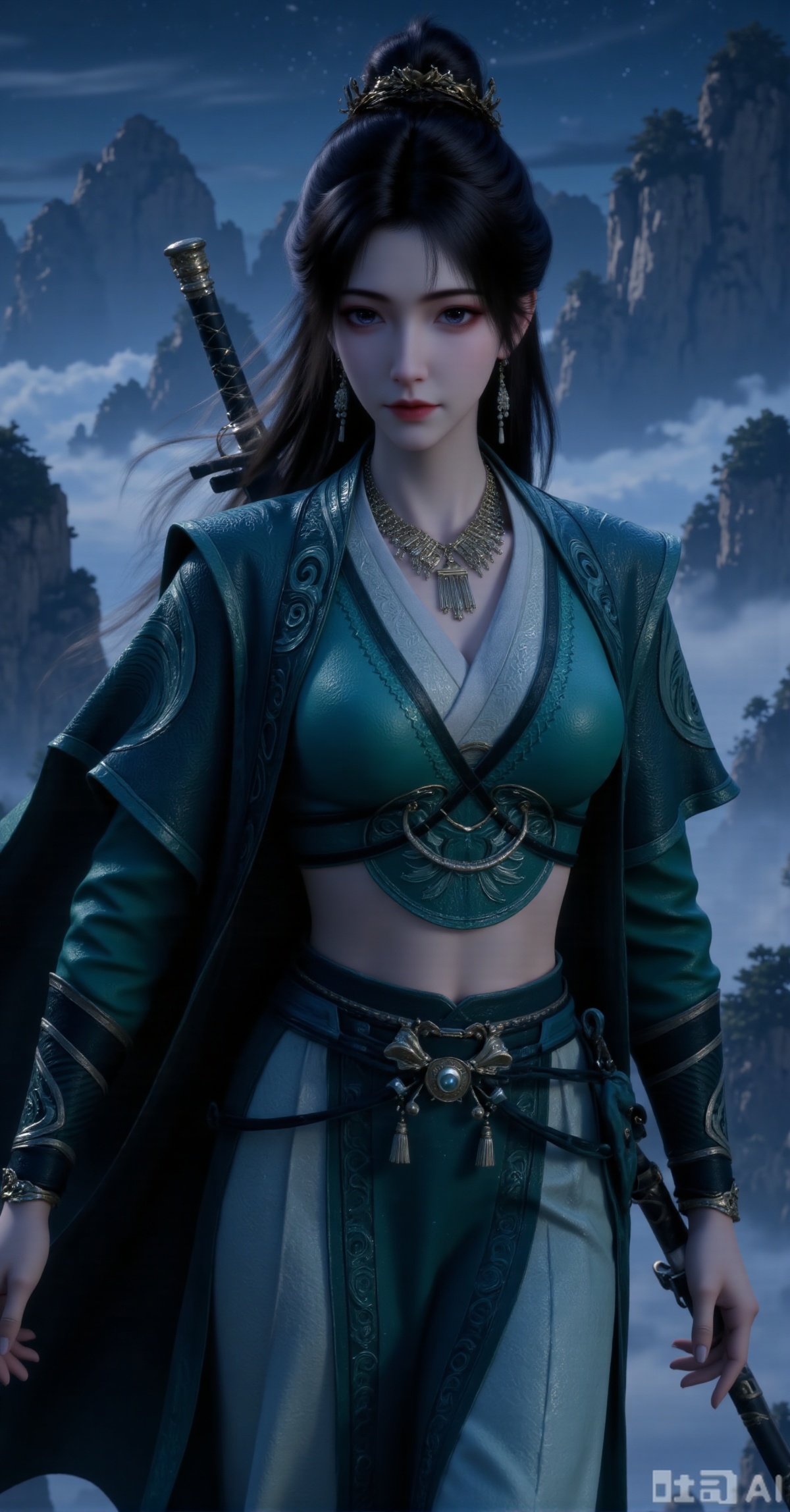 "A formidable Eastern swordswoman with jet-black hair coiled into a topknot adorned with gold accessories, loose strands dancing in the wind. Her striking features include sharp crimson lips and piercing gaze. Clad in a jade-green cropped top with golden scrollwork embroidery at sleeves and shoulders, layered with an asymmetrical dark cape. The high-waisted slit skirt bears subtle cloud patterns, secured by a black wide belt dangling tassels and jade ornaments. Towering mist-shrouded mountains under starless night form the backdrop. Centered composition contrasts vibrant teal against obsidian darkness. 8K resolution highlights embroidery precision, cape movement and terrain depth, embodying the aura of an unstoppable wanderer."