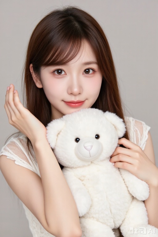 this is a photograph of a young asian woman with fair skin and long, straight brown hair, she has soft, delicate features with light brown eyes and a gentle smile, she is wearing a sheer, white lace top that reveals a hint of her shoulders, the woman is holding a fluffy, white teddy bear close to her chest with both hands, her fingers gently resting on the bears head and body, the background is a plain, light gray, which makes her and the teddy bear the focal points of the image, the lighting is soft, highlighting her smooth skin and the texture of the lace and teddy bear, the overall mood of the photograph is warm and tender