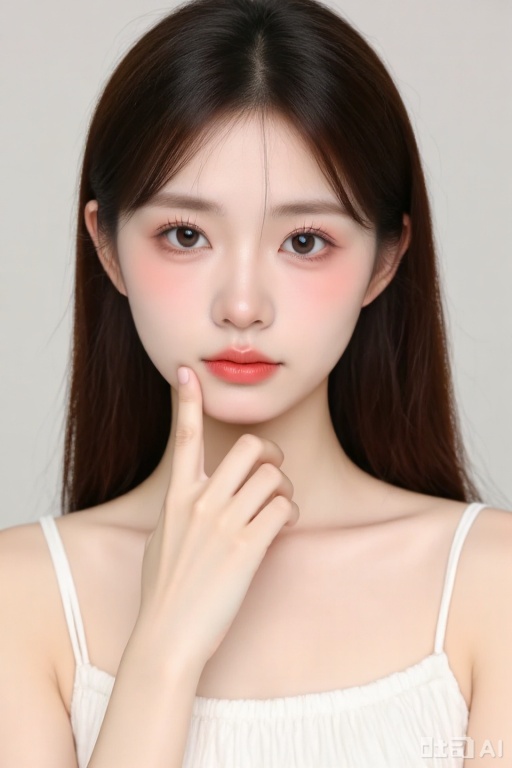 this is a photograph of a young asian woman with fair skin and long, straight, dark brown hair, she has large, brown eyes with subtle makeup, including pink blush on her cheeks and light pink lipstick, she is wearing a white, spaghetti-strap top with a slightly textured fabric, her right hand is gently touching her chin with her index finger, creating a thoughtful expression, the background is a plain, light gray, which keeps the focus on her face, the image has a soft, natural lighting that highlights her delicate features and smooth skin, the overall style is minimalistic and elegant