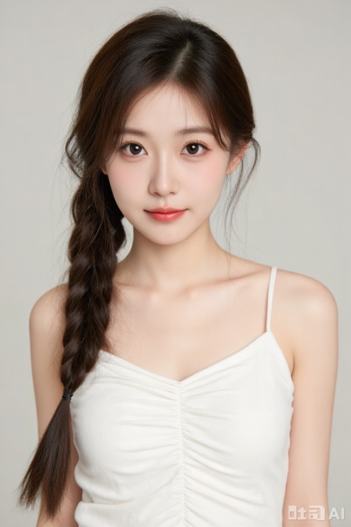 photograph of a young asian woman with fair skin and delicate features, standing against a plain, light gray background, she has long, dark brown hair styled in a loose, side braid that drapes over her right shoulder, her large, dark brown eyes are slightly upturned, and she has a subtle, natural pink lip color, she wears a white, spaghetti-strap top with a ruched, gathered design across the chest, highlighting her slender frame and small breasts, the lighting is soft, creating a gentle, even illumination across her face and upper body, her expression is calm and slightly shy, with a slight, closed-mouth smile
