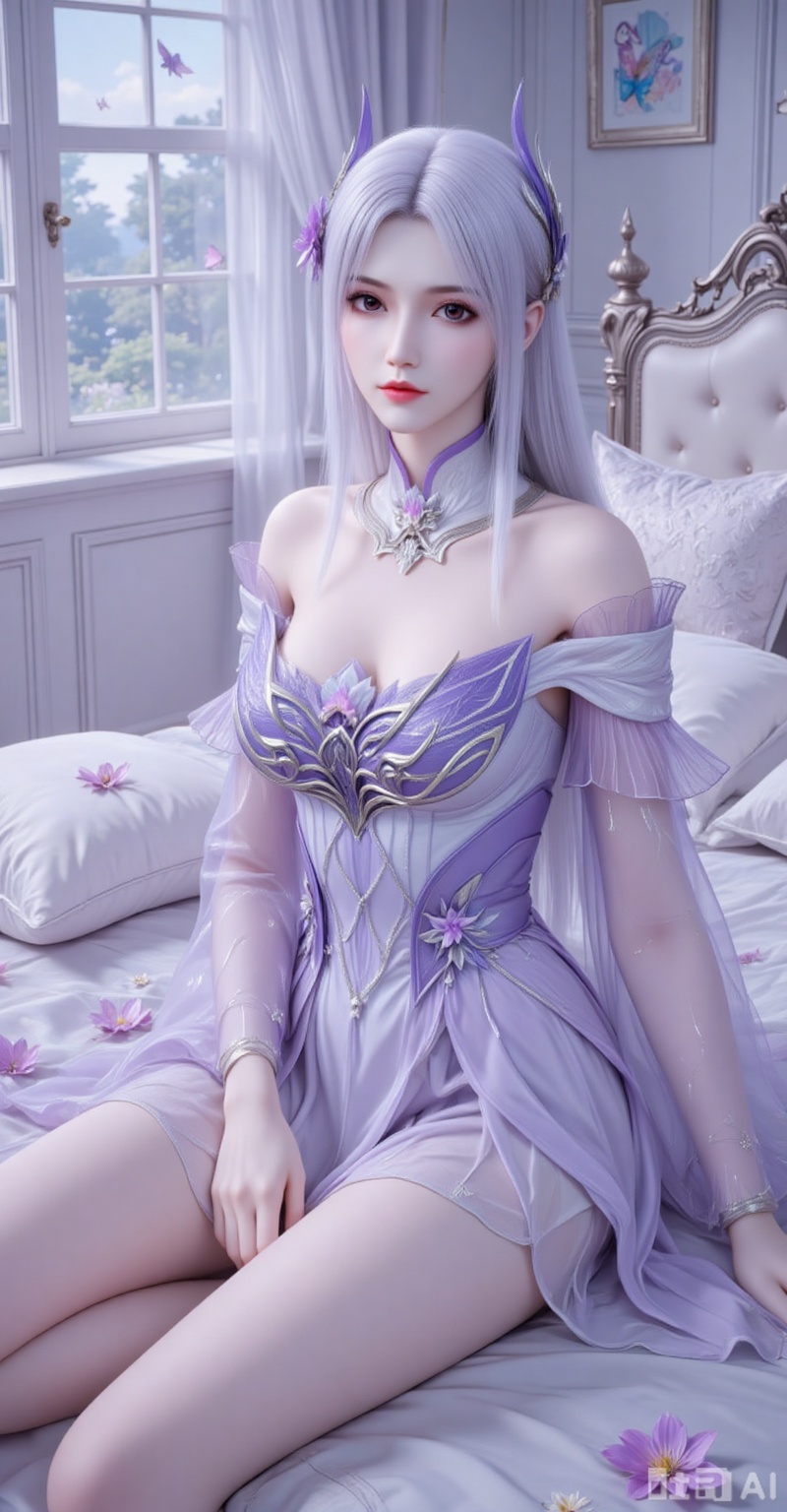 1girl, solo, long hair, looking at viewer, hair ornament, dress, flower, white hair, lying, indoors, pillow, bare legs, window, bed, detached collar, on side, bug, curtains, butterfly, purple dress
xiaoyixian,lvjing,pifu