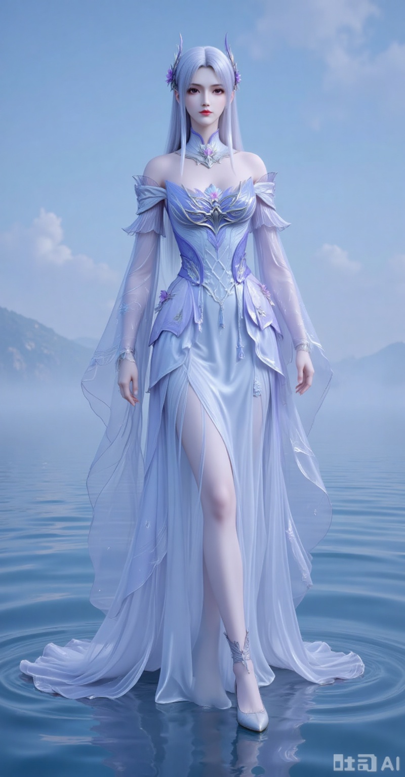 The image depicts a character standing in a serene, watery environment. The character is dressed in an elegant, flowing gown that is primarily light blue with intricate designs resembling floral patterns. The gown has long, translucent sleeves and a high-cut, slit-leg design. The character's hair is long and white, styled with delicate accessories that complement the outfit. The background is a calm, misty blue, giving a tranquil and ethereal atmosphere to the scene. The water around the character is calm, with gentle ripples visible, suggesting a peaceful setting.
xiaoyixian,lvjing,pifu