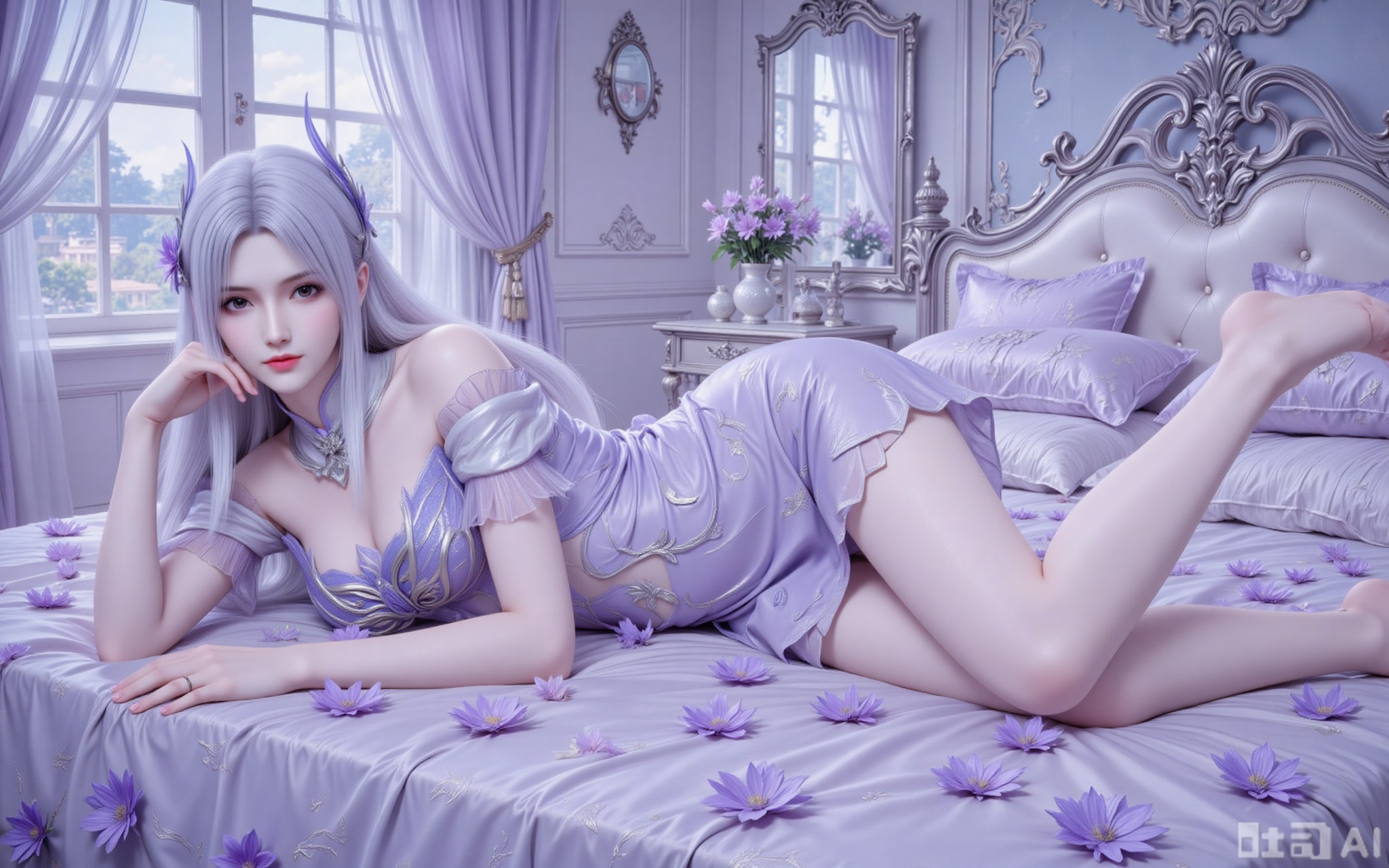 The image depicts a serene bedroom scene with a person lying on a bed. The bed is covered with a lavender-colored bedspread and is adorned with several pillows. The person is wearing a lavender dress with intricate designs and has long, silver hair. They are lying on their stomach, propped up on their elbows, with one hand resting on the bed. The room is decorated in a lavender and white color scheme, with a large ornate headboard and matching curtains. There is a window in the background, allowing natural light to illuminate the room. The bed is surrounded by purple flowers, and there is a small table with a vase of flowers and a decorative item on it. The overall atmosphere of the room is calm and elegant.
xiaoyixian,lvjing,pifu