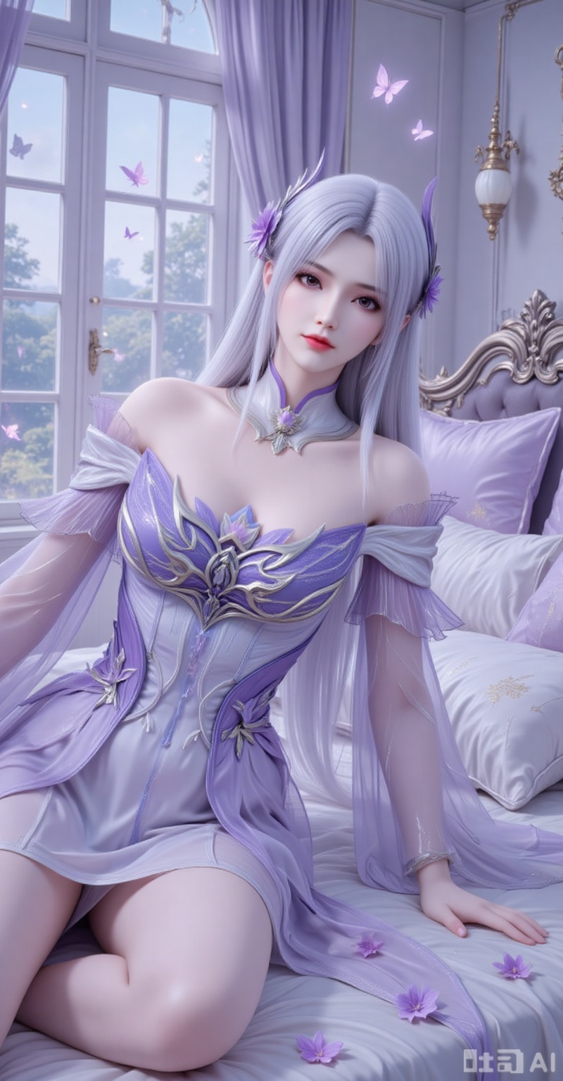 1girl, solo, long hair, looking at viewer, hair ornament, dress, flower, white hair, lying, indoors, pillow, bare legs, window, bed, detached collar, on side, bug, curtains, butterfly, purple dress
xiaoyixian,lvjing,pifu