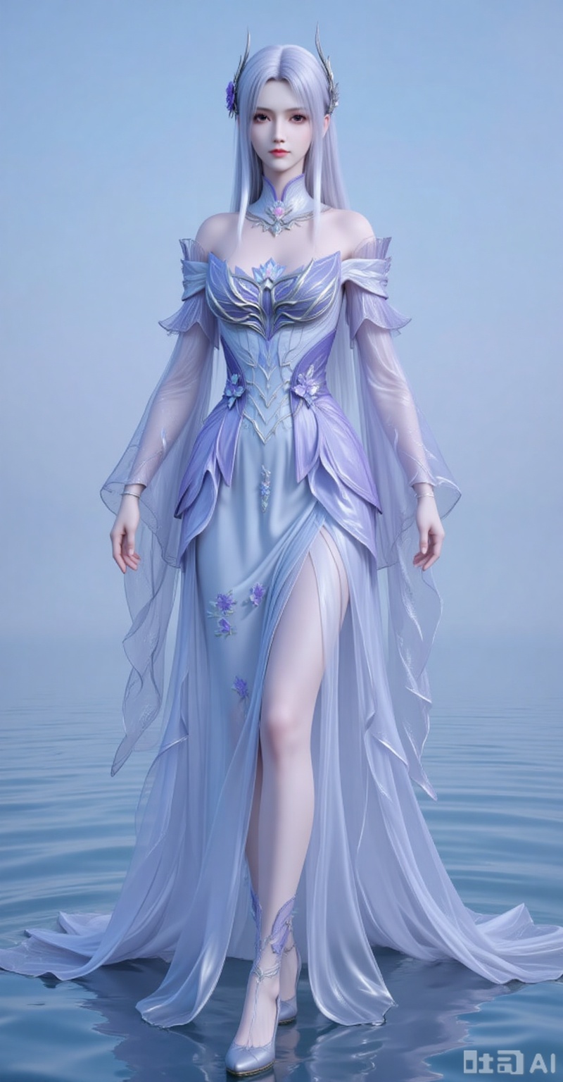 The image depicts a character standing in a serene, watery environment. The character is dressed in an elegant, flowing gown that is primarily light blue with intricate designs resembling floral patterns. The gown has long, translucent sleeves and a high-cut, slit-leg design. The character's hair is long and white, styled with delicate accessories that complement the outfit. The background is a calm, misty blue, giving a tranquil and ethereal atmosphere to the scene. The water around the character is calm, with gentle ripples visible, suggesting a peaceful setting.
xiaoyixian,lvjing,pifu