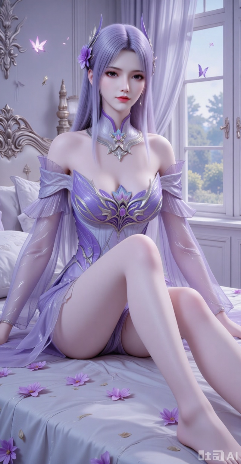1girl, solo, long hair, looking at viewer, hair ornament, dress, flower, purple hair, lying, indoors, pillow, bare legs, window, bed, detached collar, on side, bug, curtains, butterfly, purple dress
xiaoyixian,lvjing,pifu