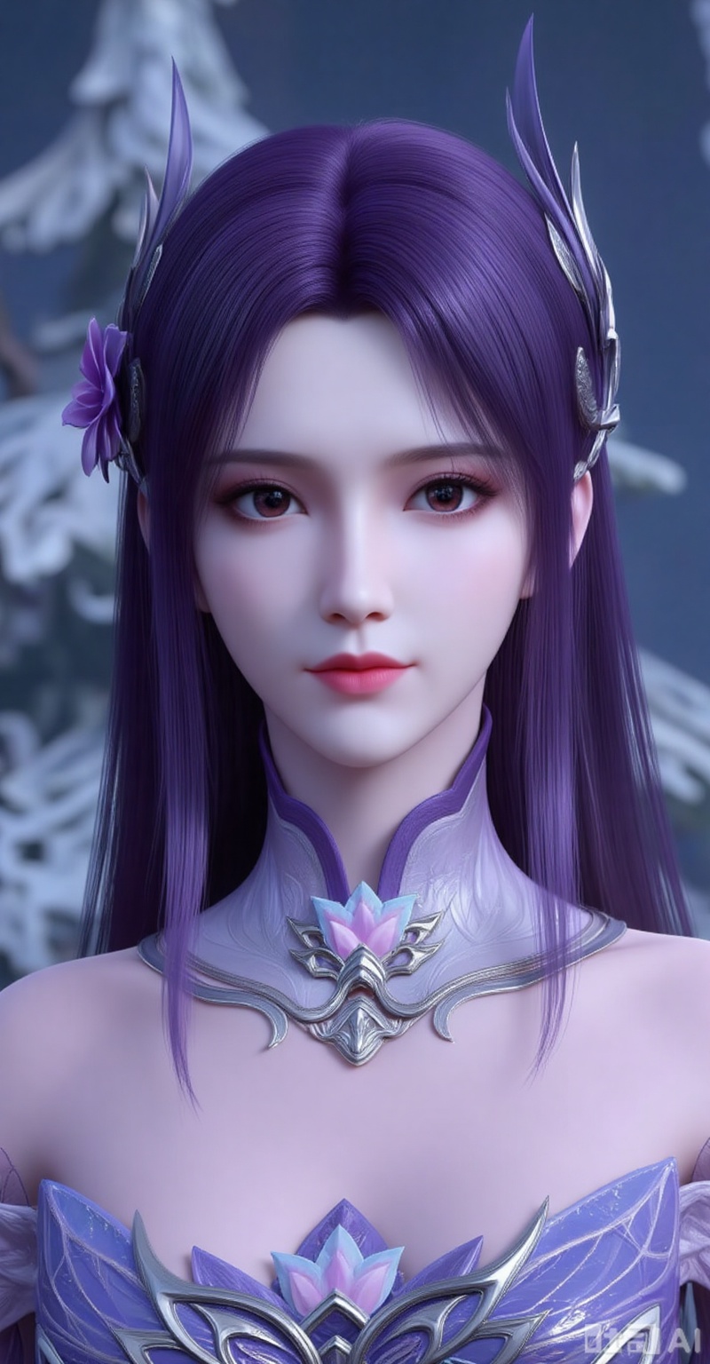 1girl, solo, long hair, hair ornament, dress, bare shoulders, brown eyes, upper body, purple hair, flower, detached collar
xiaoyixian,lvjing,pifu