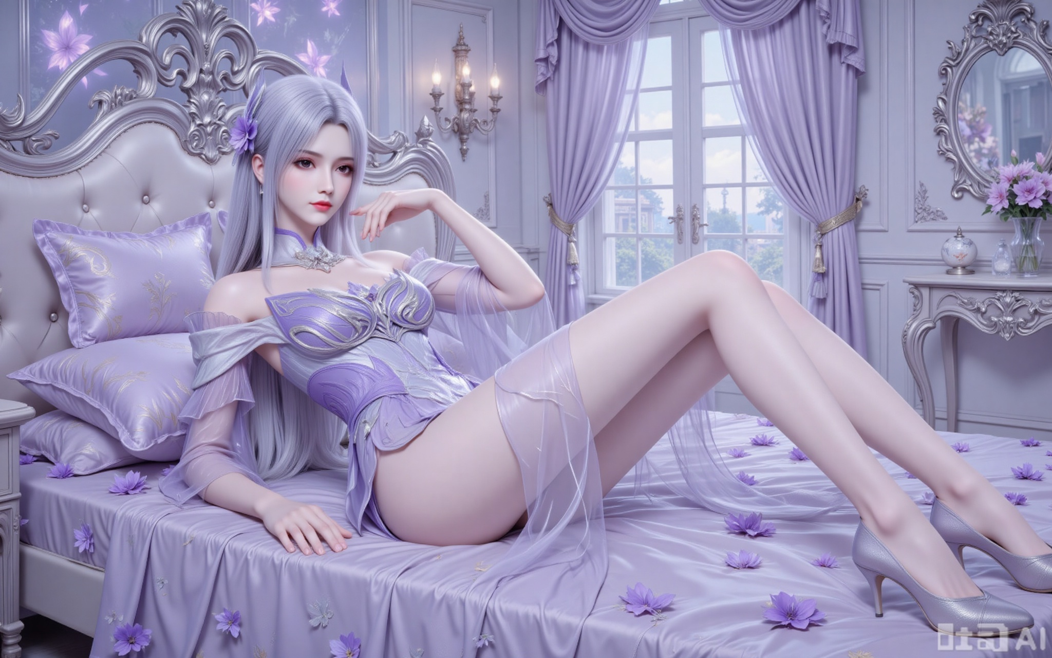 This painting depicts a peaceful bedroom scene of a beautiful woman lying in bed. The bed was covered with a light purple bedspread, dotted with several pillows. This person is wearing a complexly designed light purple dress and has long silver hair. She was lying prone, propping herself up with her elbow, with one hand resting on the bed. The room is mainly in light purple and white, with a luxurious large headboard and matching curtains. There is a window in the background, allowing natural light to illuminate the room. Around the bed are purple flowers, and there is a small table with a vase and a decoration on it. The overall atmosphere of the room is calm and elegant.
xiaoyixian,lvjing,pifu