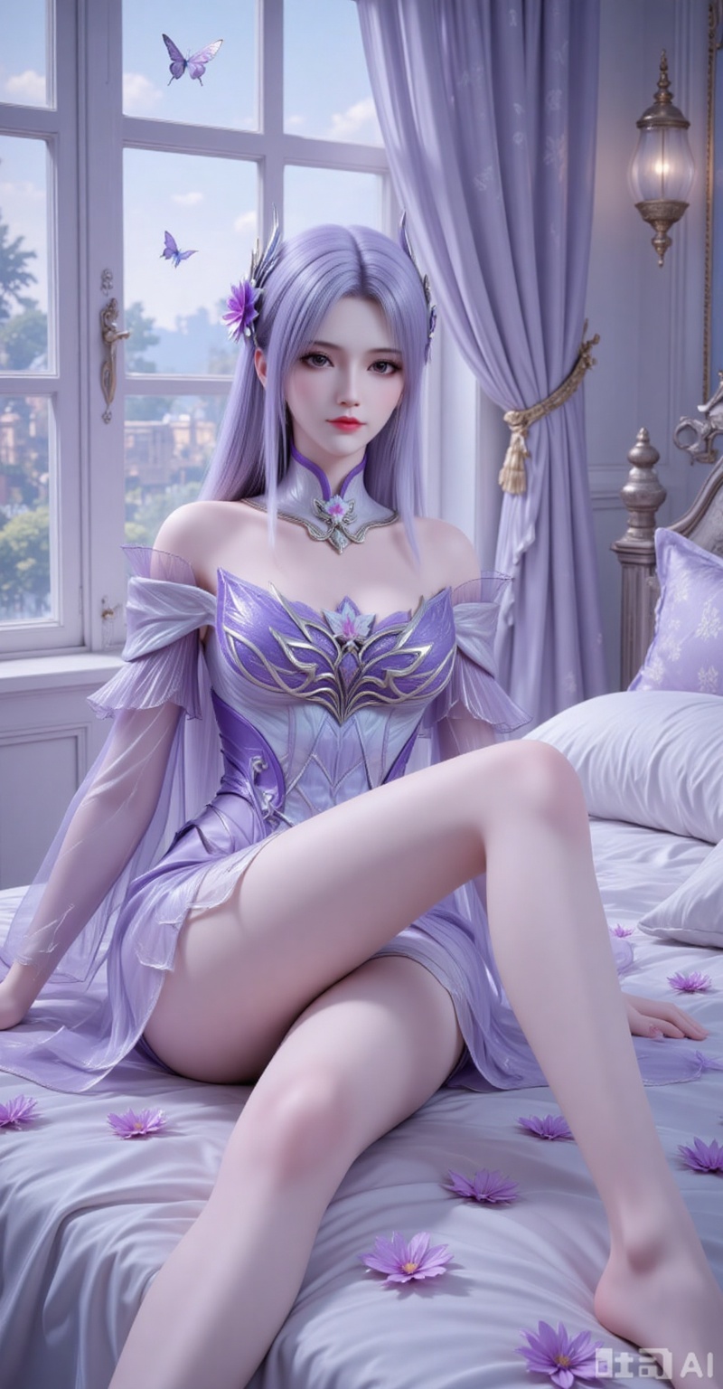 1girl, solo, long hair, looking at viewer, hair ornament, dress, flower, purple hair, lying, indoors, pillow, bare legs, window, bed, detached collar, on side, bug, curtains, butterfly, purple dress
xiaoyixian,lvjing,pifu