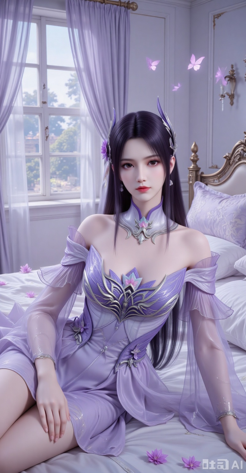 1girl, solo, long hair, looking at viewer, hair ornament, dress, flower, black hair, lying, indoors, pillow, bare legs, window, bed, detached collar, on side, bug, curtains, butterfly, purple dress
xiaoyixian,lvjing,pifu