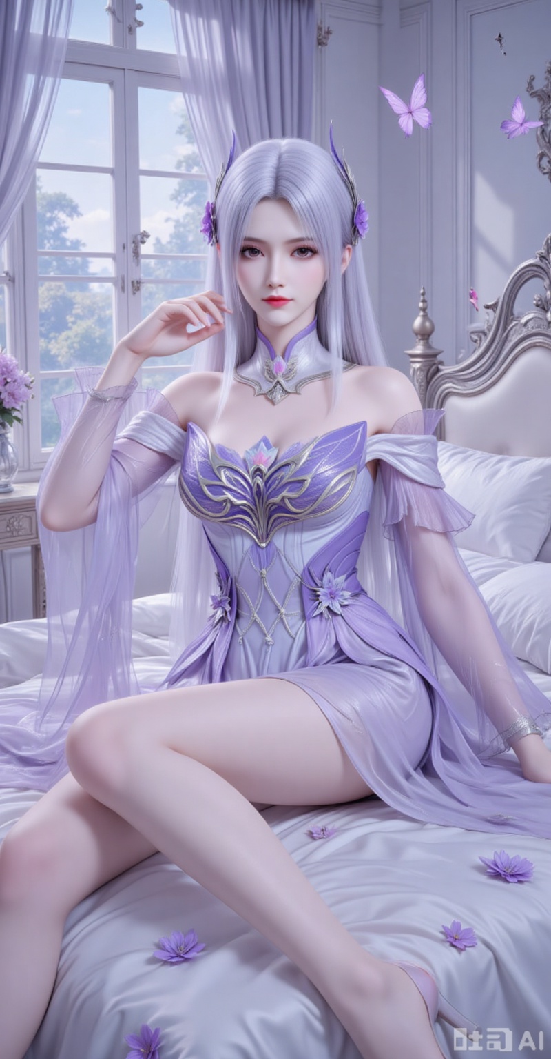 1girl, solo, long hair, looking at viewer, hair ornament, dress, flower, white hair, lying, indoors, pillow, bare legs, window, bed, detached collar, on side, bug, curtains, butterfly, purple dress
xiaoyixian,lvjing,pifu
