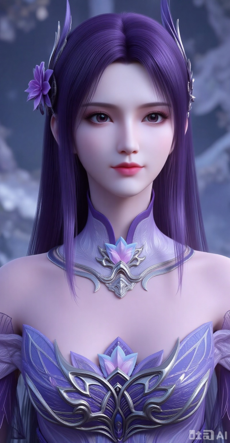 1girl, solo, long hair, hair ornament, dress, bare shoulders, brown eyes, upper body, purple hair, flower, detached collar
xiaoyixian,lvjing,pifu