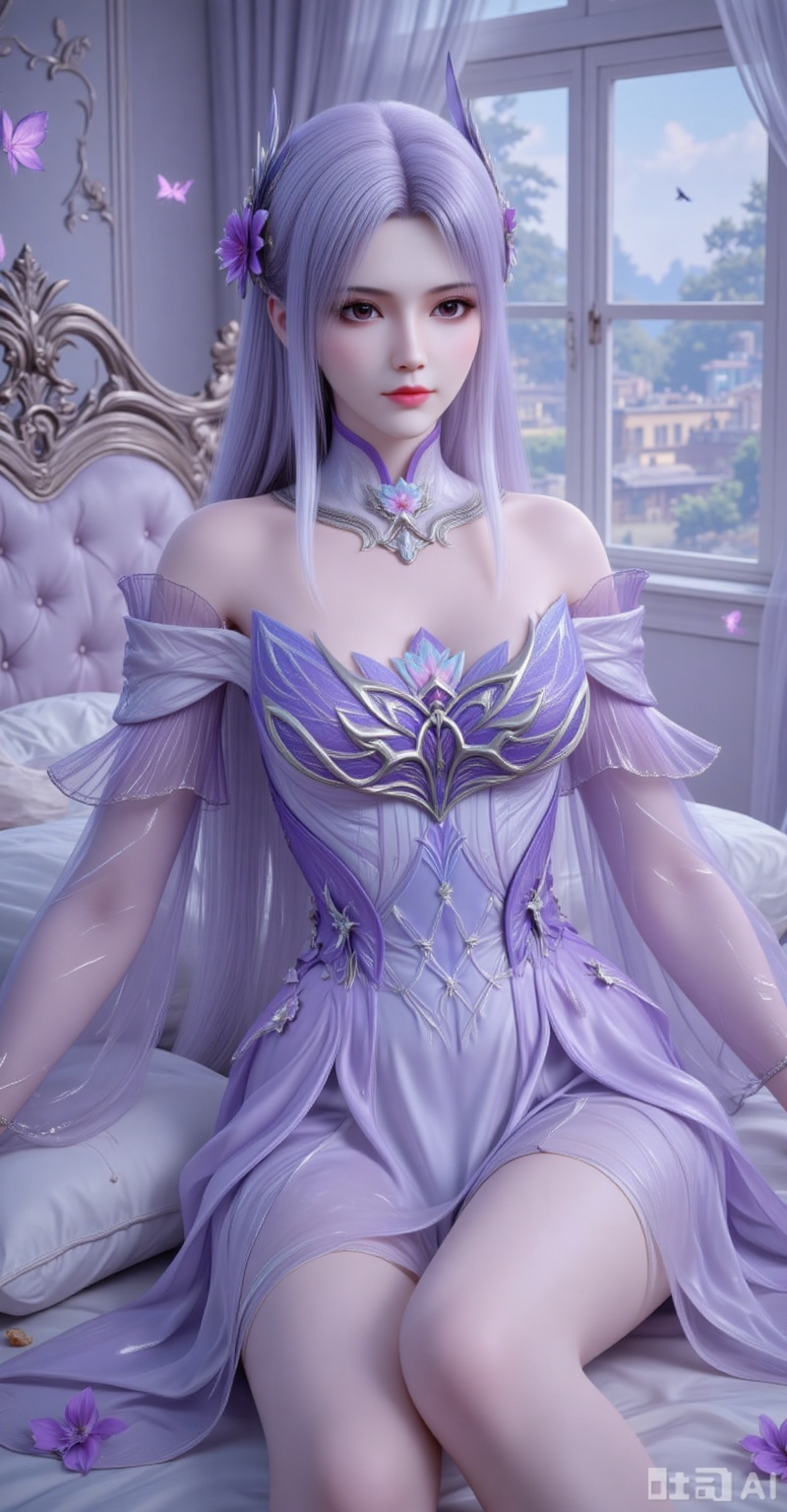 1girl, solo, long hair, looking at viewer, hair ornament, dress, flower, purple hair, lying, indoors, pillow, bare legs, window, bed, detached collar, on side, bug, curtains, butterfly, purple dress
xiaoyixian,lvjing,pifu