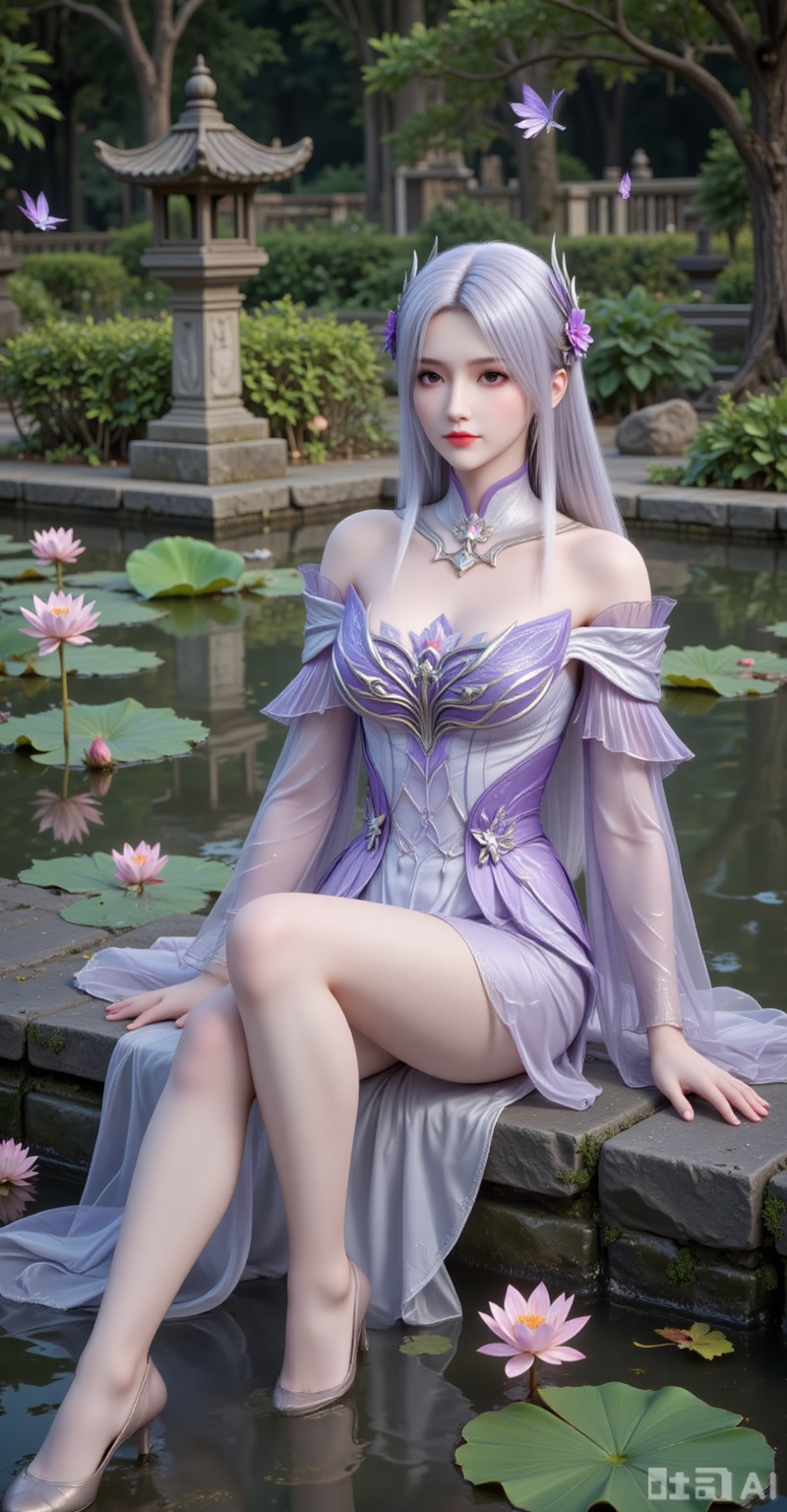 The image depicts a serene garden scene with a woman sitting by a pond. She has long, silver hair adorned with purple flowers and is wearing an elegant, light purple outfit that resembles a fantasy or medieval-style dress. The setting is lush and tranquil, with blooming lotus flowers floating on the pond, green foliage, and traditional stone lanterns in the background. The atmosphere is peaceful, with a few butterflies flying around, enhancing the natural beauty of the garden.
xiaoyixian,lvjing,pifu