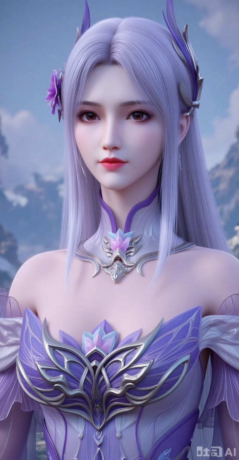 1girl, solo, long hair, hair ornament, dress, bare shoulders, brown eyes, upper body, purple hair, flower, detached collar
xiaoyixian,lvjing,pifu