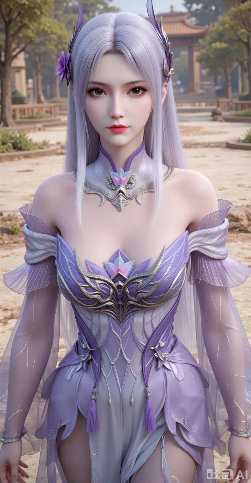 1girl, solo, long hair, breasts, looking at viewer, large breasts, hair ornament, dress, cleavage, bare shoulders, brown eyes, standing, white hair, pantyhose, outdoors, detached sleeves, nail polish, see-through, leaning forward, detached collar, red nails,
xiaoyixian,lvjing,pifu