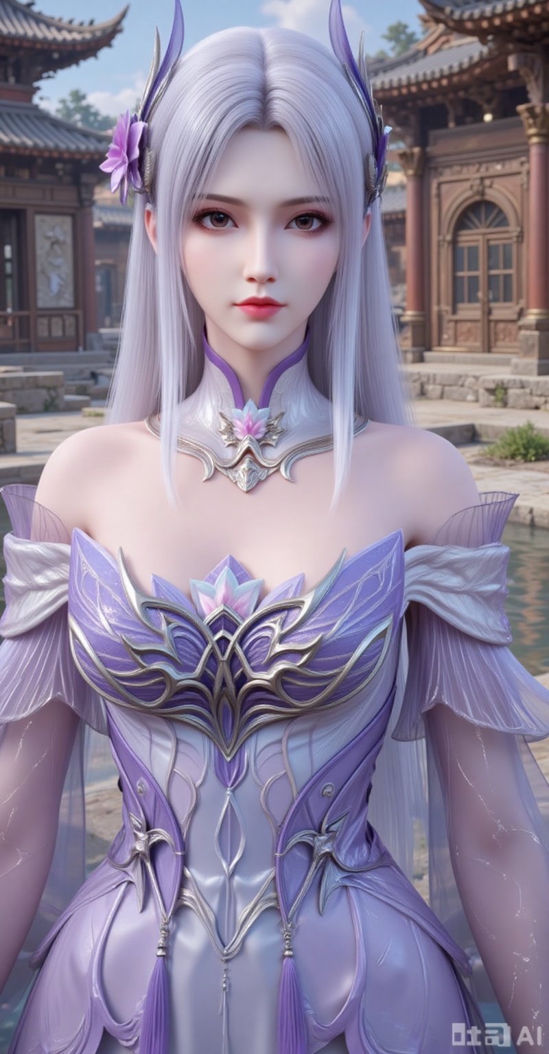 1girl, solo, long hair, breasts, looking at viewer, large breasts, hair ornament, dress, cleavage, bare shoulders, brown eyes, standing, white hair, pantyhose, outdoors, detached sleeves, nail polish, see-through, leaning forward, detached collar, red nails,
xiaoyixian,lvjing,pifu