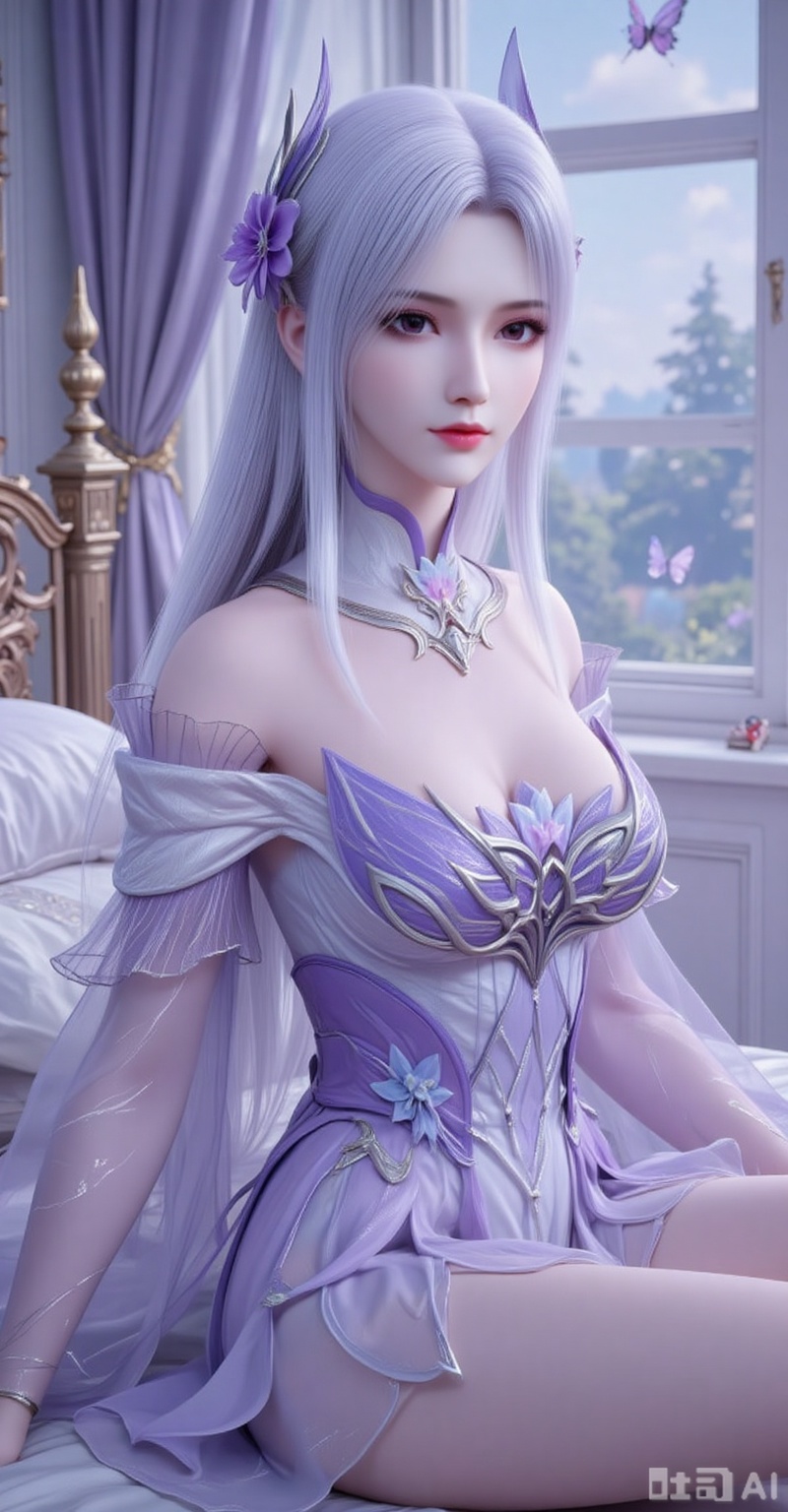 1girl, solo, long hair, looking at viewer, hair ornament, dress, flower, white hair, lying, indoors, pillow, bare legs, window, bed, detached collar, on side, bug, curtains, butterfly, purple dress
xiaoyixian,lvjing,pifu