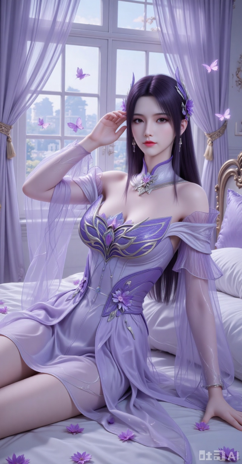 1girl, solo, long hair, looking at viewer, hair ornament, dress, flower, black hair, lying, indoors, pillow, bare legs, window, bed, detached collar, on side, bug, curtains, butterfly, purple dress
xiaoyixian,lvjing,pifu