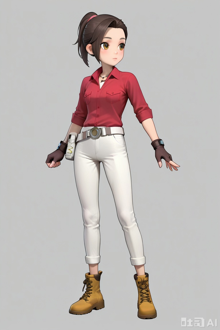 ponytail,White pants,ankle boots,white belt pouch,Red collared shirt,carly\(dangerous antidote\),brown fingerless gloves