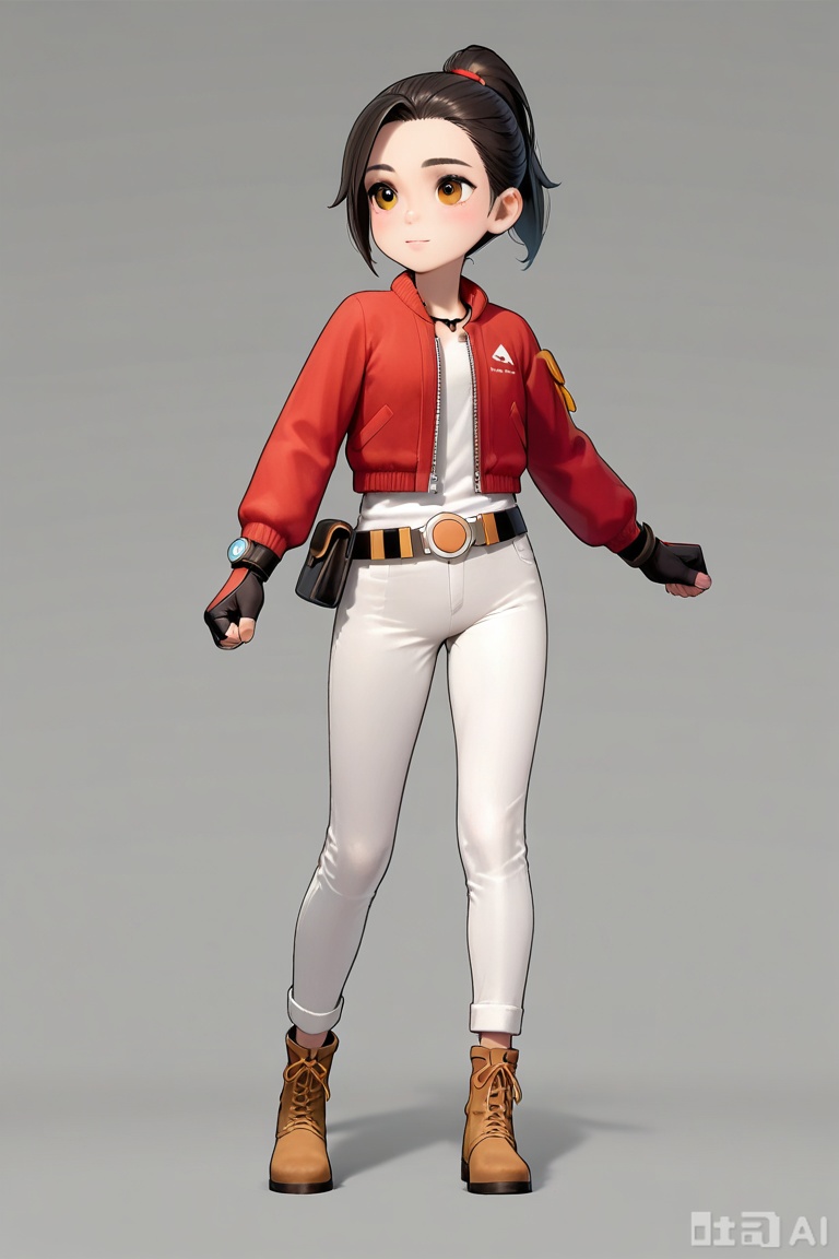 ponytail,White pants,carly\(adventurer carly:ancient kingdom\),Red jacket,ankle boots, bk belt pouch,
