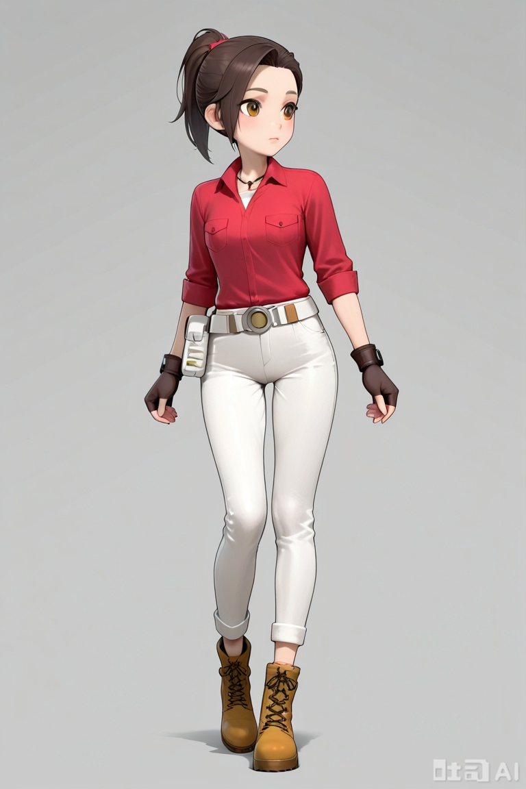 ponytail,White pants,ankle boots,white belt pouch,Red collared shirt,carly\(dangerous antidote\),brown fingerless gloves
