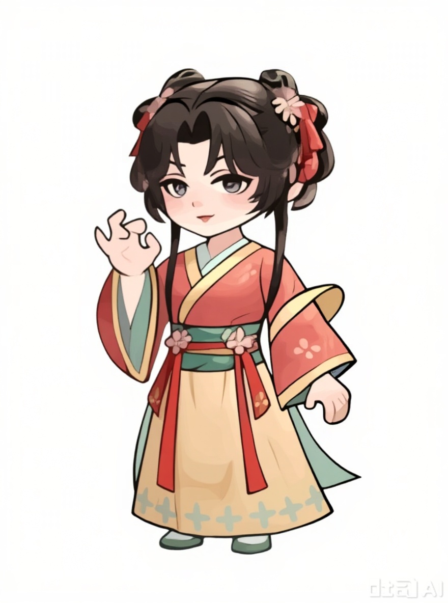 The character is transformed into a Q-style baby cartoon by referring to the character's posture and modeling elements. It features a cute short person with short legs and Chinese-style baby cartoon illustrations.