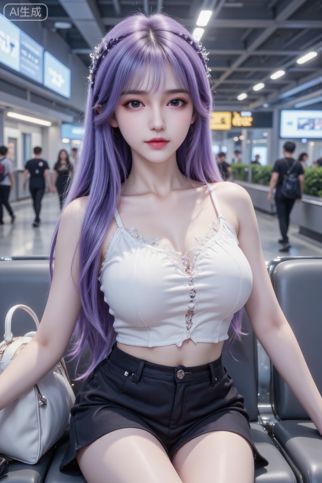 Masterpiece, the best quality, high quality, huge breasts, (purple hair: 1.4), (super long legs: 1.3), (thin legs: 1.4), 1girl,
In the modern airport terminal, a young woman sits on a gray seat. She has cool fair skin and natural makeup. She has a white bag and mobile phone beside her. In the background, you can see the airport's signboards, other passengers, and indoor plants and other facilities. The overall picture is realistic in style, and the colors are mainly gray, white, blue and other light tones. The background shows the openness and order of the airport hall. The details of the clothes and shoes remain unchanged. The expression is cute, elegant, virtuous, and the long straight dark hair is tied up. She is young and petite, and the hair shows a natural fluffiness and drape. The long hair is scattered on both sides of the shoulders, and a few strands of hair are brushing her face. She is a beauty with cold white skin temperament, pure lust, fair skin, idol temperament, fairskin, smooth, moist texture, intoxicating,