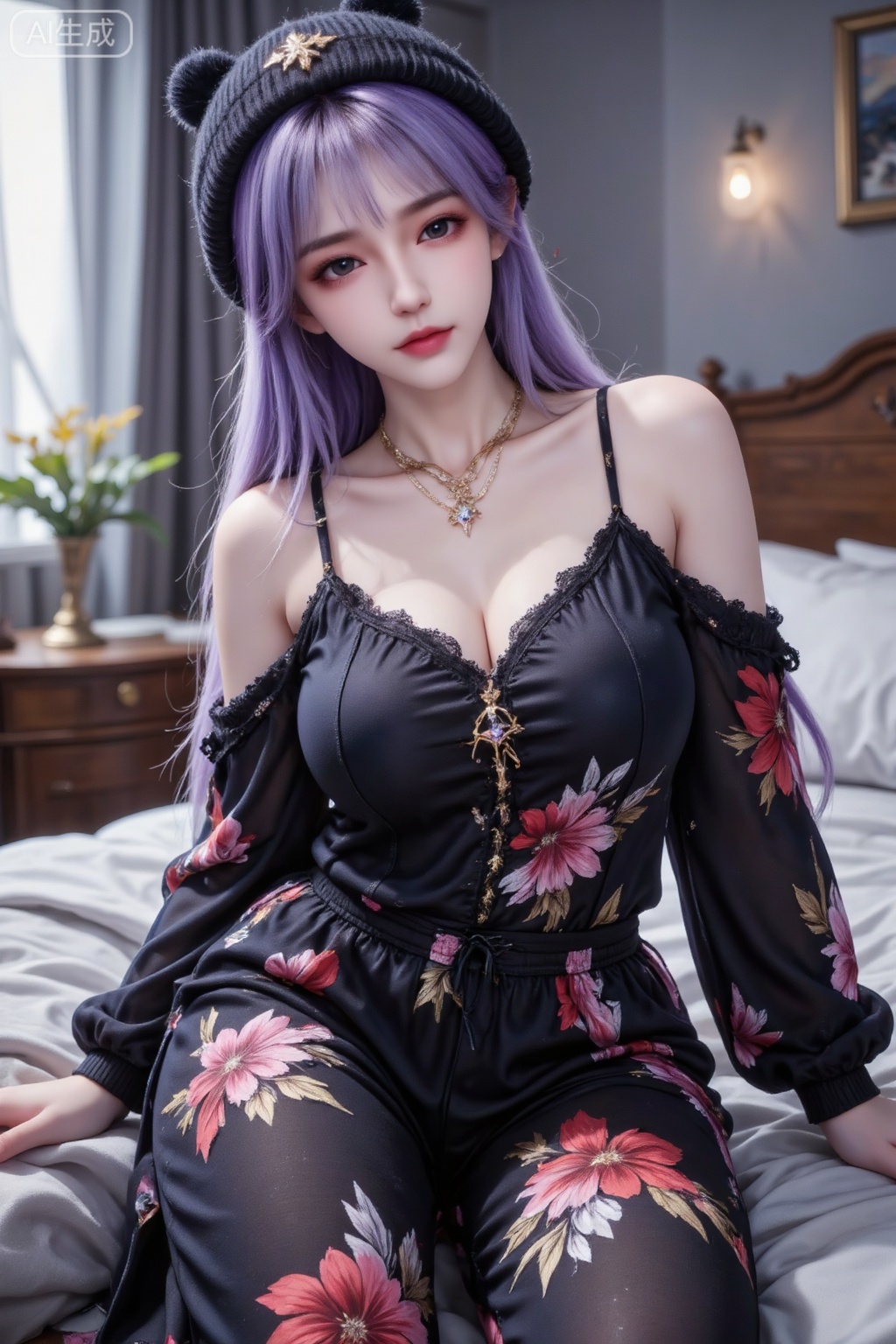 Masterpiece, the best quality, high quality, huge breasts, (purple hair: 1.4), (super long legs: 1.3), (thin legs: 1.4), 1girl,
Cute schoolgirl, cute and cute movements, lazy.

The background is an ordinary room, shot with backlight, soft light and shadow outline the outline of the characters, and the composition is shot from a low angle to create a sense of tranquility and relaxation.
, daily snapshot style, natural soft light. Cute expression, messy hair on the temples hanging down naturally, random dynamic perspective, posing.
Portrait photography, daily snapshot style, beautiful woman, exquisite hair accessories, off-shoulder long-sleeved loose large-size pajamas, pajamas printed with national style patterns, shoulders exposed, collarbones are beautiful, macro lens, super details, cold white, even, clear and delicate skin, perfect body, half-length lens, national style pattern knitted hat, black gold necklace, necklace with pendant