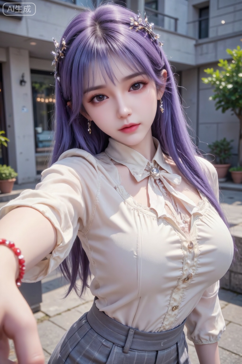 Masterpiece, the best quality, high quality, huge breasts, (purple hair: 1.4), (super long legs: 1.3), (thin legs: 1.4), 1girl,
An xhs pure lust beauty with medium-long purple hair, thin bangs, loving almond eyes, and dewy skin. She is wearing an off-white tie bow shirt, a gray polka-dot skirt, light gray bow pointed high heels with pearl anklets, and a red bracelet. She stretches one hand towards the camera and leans back on the bright front. The photo is slightly motion blurred and slightly overexposed. Selfie photo, close-up, natural and relaxed atmosphere, casual style.
