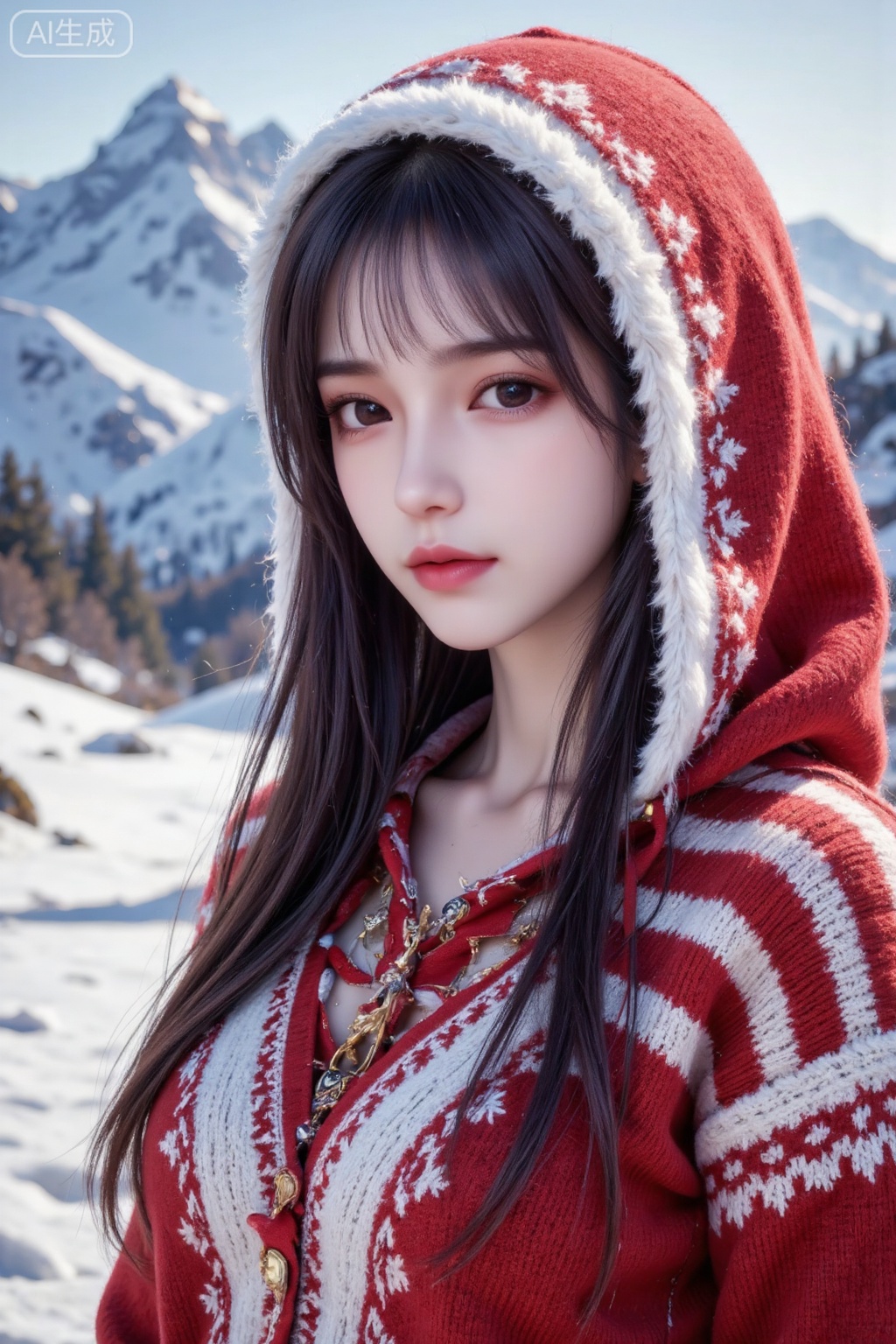 Masterpiece, the best quality, high quality, huge breasts, (black hair: 1.4), (super long legs: 1.3), (thin legs: 1.4), 1girl, retro nomadic style, East Asian beautiful girl, cool white skin, natural beauty, glamorous, long dark brown hair, against the background of snowy mountain meadow, wearing a red and white ethnic style hooded knitted jacket, long hair naturally scattered. The tone of the picture is retro and warm, and the mountain scenery is magnificent and full of natural flavor. A half-length portrait of a character, focusing on a close-up of the face. The movements are casual, the character expressions are natural and random, the skin is in its true state, there is no dermabrasion, and absolutely no soft focus or beautification is used. Excellent composition, high contrast, hazy, full of atmosphere, partial high-definition, deepened dark colors, surreal, freehand expression, cute and cute expression, long straight dark hair with ties, young and petite, with natural fluffy and drapey hair, long hair scattered on both sides of the shoulders, with a few strands of hair brushing her face, a cold-white-skinned beauty with pure lust, Fair skin, idol temperament, fairskin, smooth, moist texture, intoxicating, high-end sense, masterpiece, good figure, real shot, background material is realistic, absolutely realistic scene, natural light, jitter + Gaussian blur + motion blur effect, real-life feeling, edges are slightly out of focus, the composition is skewed and has no sense of design, not staged. Definitely don’t be refined, be different, be smoothed, and be focused, don’t be photo-esque.