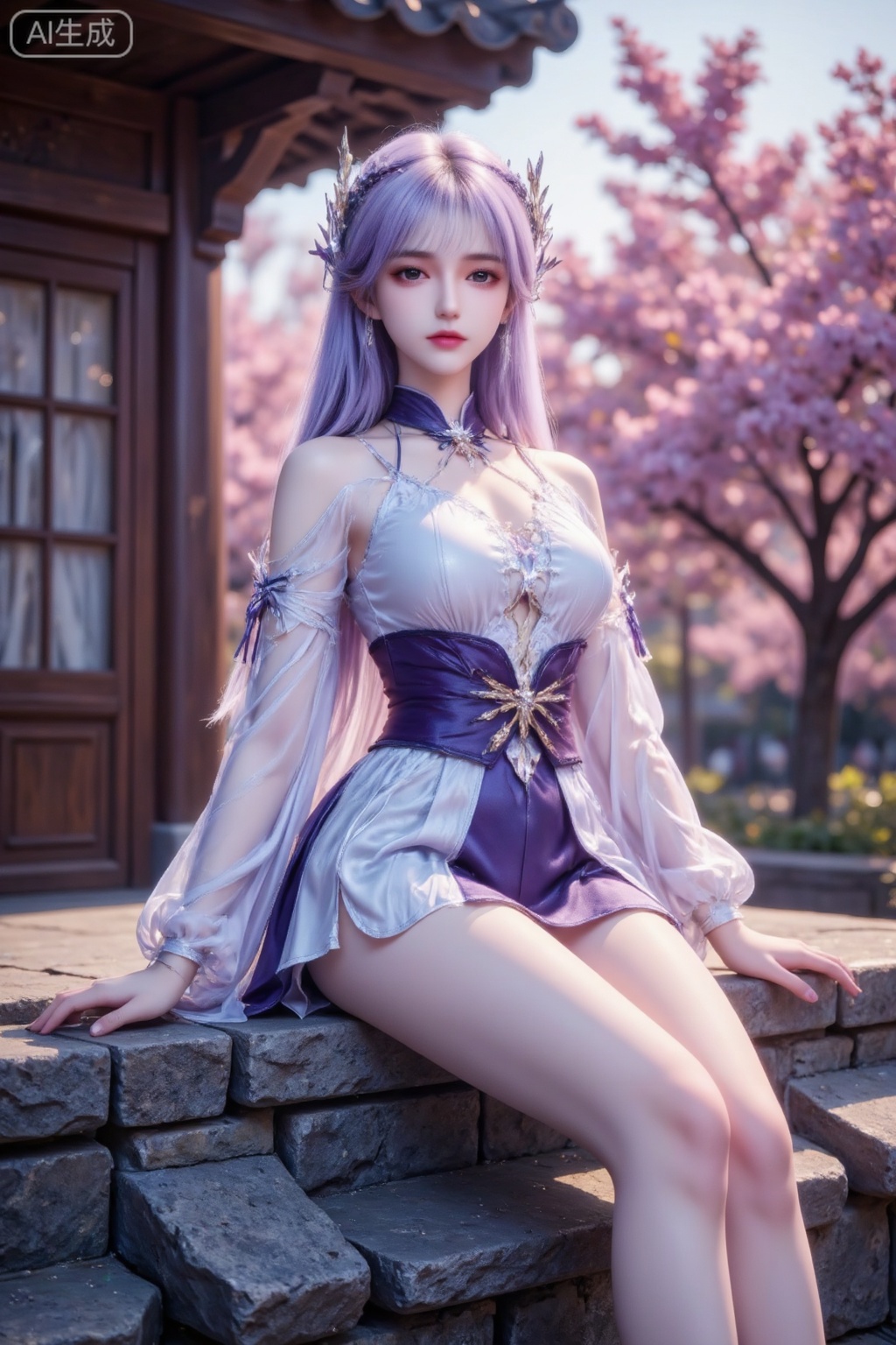 Masterpiece, the best quality, high quality, huge breasts, (purple hair: 1.4), (super long legs: 1.3), (thin legs: 1.4), 1girl,
High-definition portraits, in a professional portrait photography style, film-like photography, using impression style to present hazy poetic images with a unique graininess, professional portrait photography pictures, creating an atmosphere of mottled light and shadow, and out-of-focus. In the high-definition live-action picture, the sun shines, the ancient wooden eaves are slightly raised, and the surrounding pink and purple flowers are blooming. A girl with waist-length hair, a pure and sweet image, smart and playful, fair and supple skin, wearing Yunjin Qing Dynasty Hanfu, exquisite accessories, sitting leisurely on the eaves, the close-up of the character is high-definition, cool tones,
