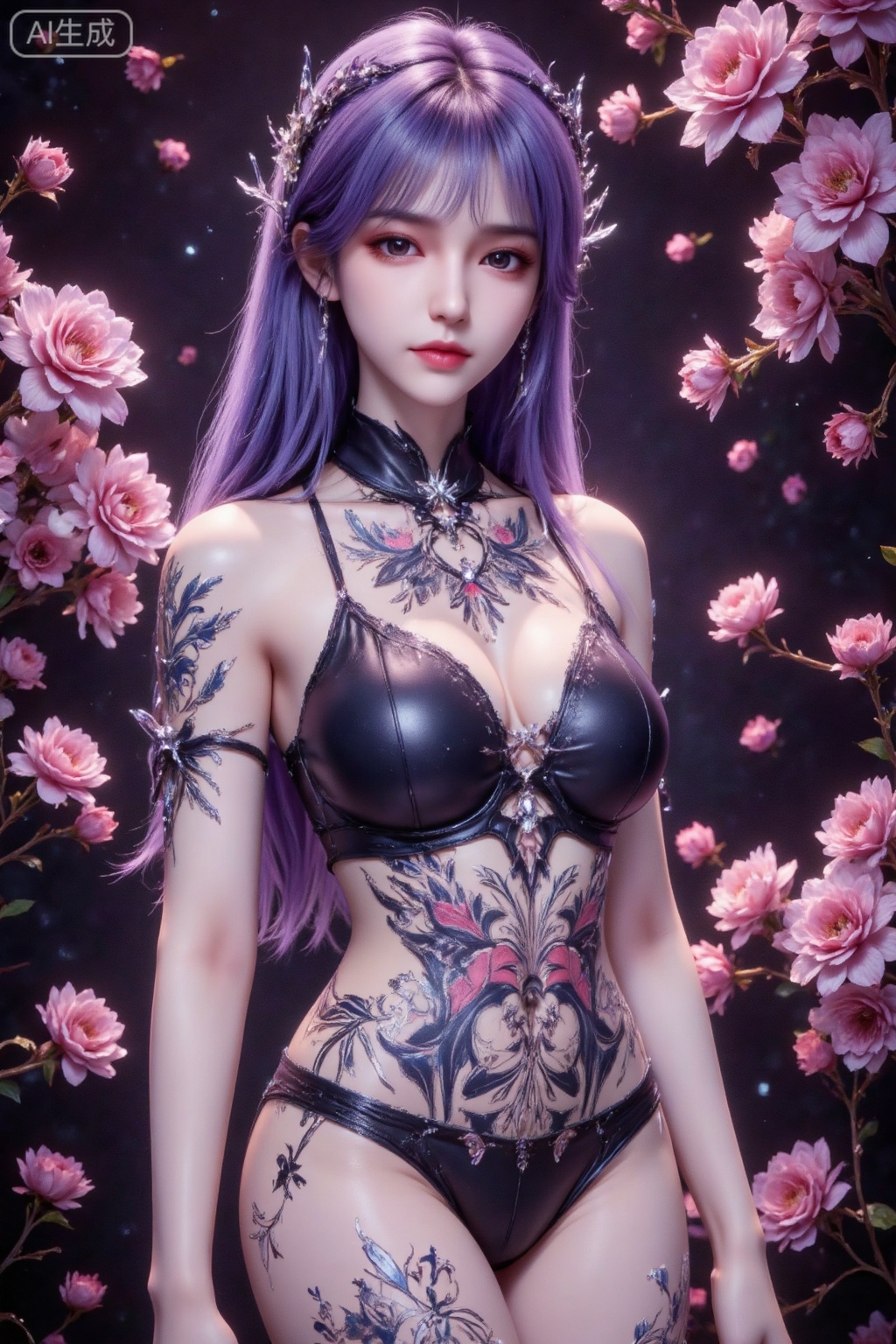 Masterpiece, the best quality, high quality, huge breasts, (purple hair: 1.4), (super long legs: 1.3), (thin legs: 1.4), 1girl,
From the neck to the chest to the mandible, there are large tattoo elements of skulls and cherry blossoms.