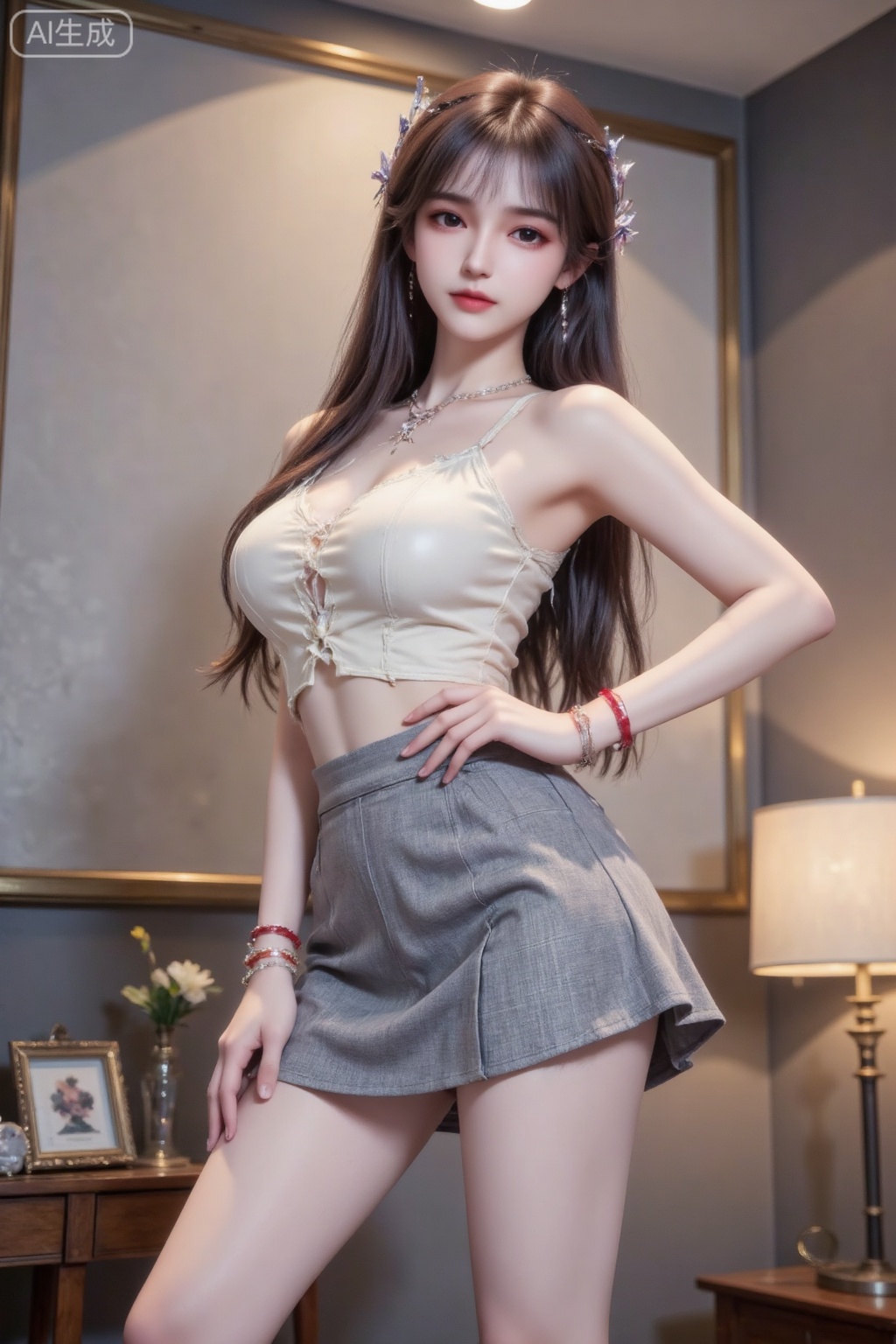 Masterpiece, the best quality, high quality, huge breasts, (black hair: 1.4), (super long legs: 1.3), (thin legs: 1.4), 1girl,
Beauty, front camera selfie, long brown hair, beauty, natural and relaxed expression, hydrated skin, affectionate almond eyes, pure lust, gourd-shaped S figure, hot and proud figure, tall and plump, hourglass figure, messy hair on the temples Naturally hanging, beautiful collarbones, sexy and bold, proud figure, looking back, leaning on, one hand reaching towards the camera, the upper body is an off-white tie-up shirt, and the bottom is a gray polka-dot skirt with a V-shaped neckline, highlighting the body proportions. Light gray pointed-toe high-heeled shoes with a bow decoration on the toe, and a pearl anklet on the ankle, which adds a sense of sophistication. A red bracelet is worn on the wrist, and the details are very thoughtful.