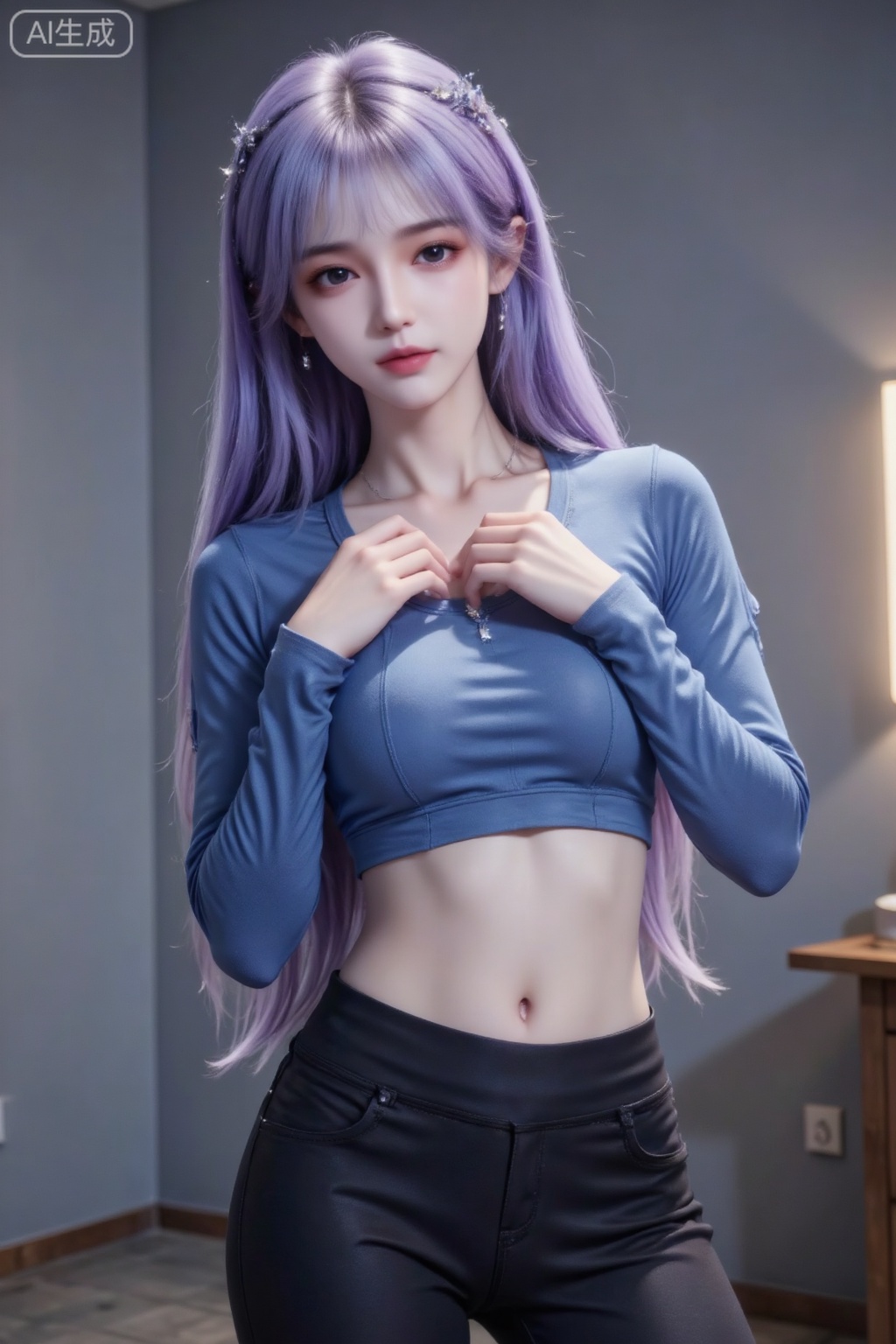 Masterpiece, the best quality, high quality, huge breasts, (purple hair: 1.4), (super long legs: 1.3), (thin legs: 1.4), 1girl,
Film texture, realistic, cold tone, light and shadow art, Korean style lady with shawl and long hair, tall and graceful figure, gourd-shaped figure, full chest, cold white skin, delicate and flawless skin. In an ordinary room, she is wearing a blue round-neck long-sleeved tight crop top, revealing a large area of abdomen and navel, low-waisted black yoga pants to highlight her feminine charm, leaning against the wall, hands crossed on her chest. The photos have no sense of modification and are in 32K high-definition quality.