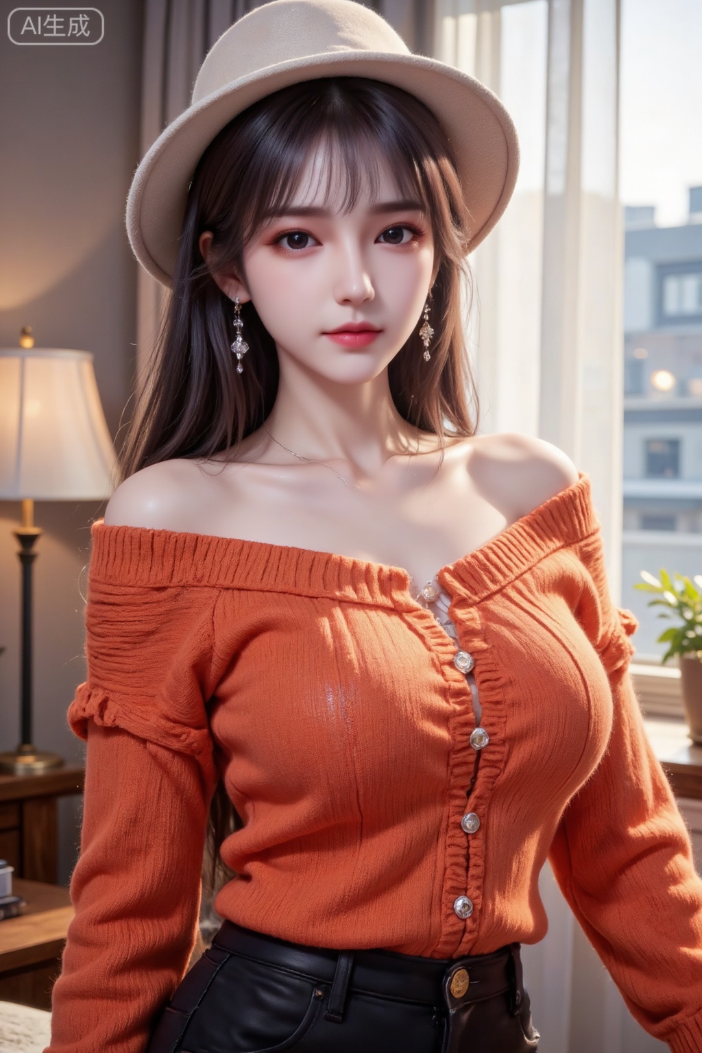 Masterpiece, the best quality, high quality, huge breasts, (black hair: 1.4), (super long legs: 1.3), (thin legs: 1.4), 1girl, cute female student, cute and cute movements, lazy.

The background is an ordinary room, shot with backlight, soft light and shadow outline the outline of the characters, and the composition is shot from a low angle to create a sense of tranquility and relaxation.
, daily snapshot style, natural soft light. Cute expression, messy hair on the temples hanging down naturally, random dynamic perspective, posing.
Portrait photography, daily snapshot style, beauty, exquisite hair accessories, off-shoulder long-sleeved loose orange sweater, shoulders exposed, collarbones are beautiful, macro lens, super details, cold white, even, clear and delicate skin, perfect body, half-length lens, knitted hat with square shoulders, tall and exaggerated bust, hourglass figure, exquisitely detailed hair accessories and earrings