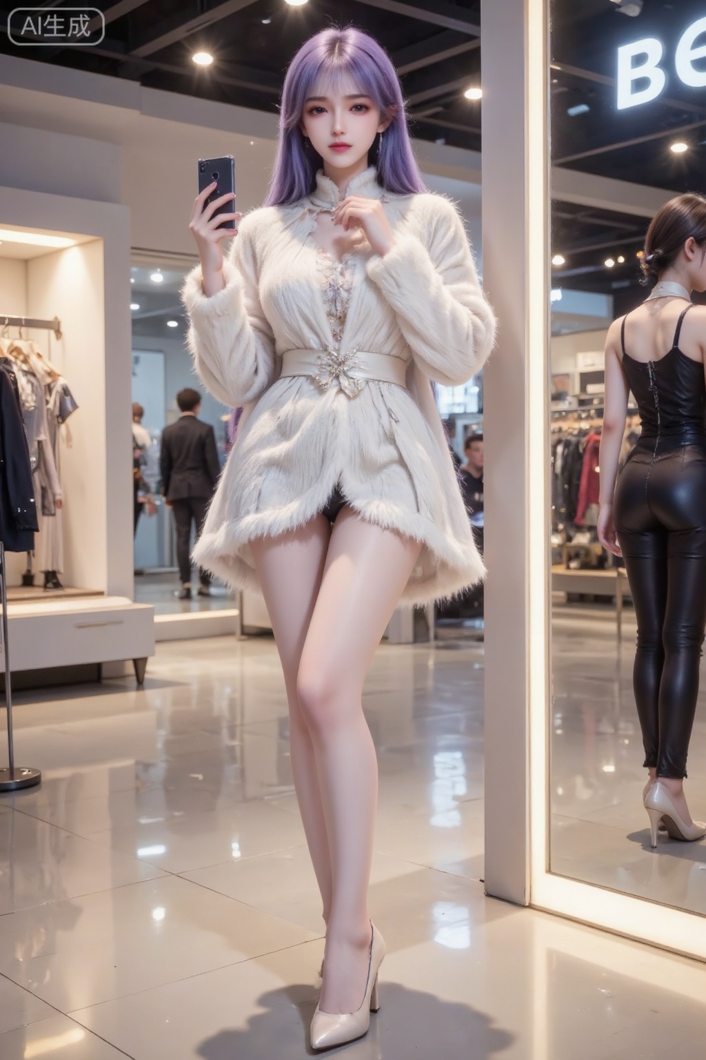 Masterpiece, the best quality, high quality, huge breasts, (purple hair: 1.4), (super long legs: 1.3), (thin legs: 1.4), 1girl,
On the background of a high-end clothing store in a shopping mall, a young East Asian girl with good looks is standing, holding a mobile phone and taking pictures in a full-length mirror. She wears white fur and white high heels. She has a well-shaped figure and super long legs. Her long hair falls naturally, her makeup is fresh, and her eyes are bright and energetic. When shooting, her legs appear to be super long. The picture quality is high-definition. The style is biased toward realism and daily life. Various poses are taken, with natural poses, cool white skin, clear face, and long legs.
