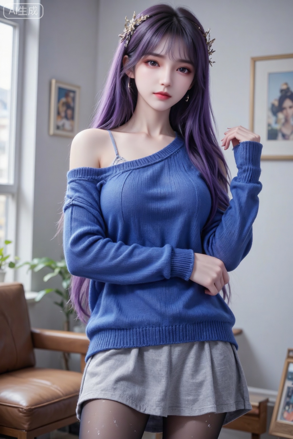 Masterpiece, the best quality, high quality, huge breasts, (purple hair: 1.4), (super long legs: 1.3), (thin legs: 1.4), 1girl,
Online photography of a girly girl, cold white skin, indoor scene, white wall, hanging paintings, side light, plain water makeup, long black hair, cute and pure lust, white and tender skin, as smooth as jade, pure lust hazy filter, ambiguous eyes portrait photography, wearing a sloping shoulder royal blue loose knitted sweater, gray knitted skirt Gray stockings, hands folded on the chest, the overall look exudes an avant-garde niche temperament, the design is full of personality, the overall dressing style is niche and highly recognizable, and the accessories in the details are integrated with the clothing style. Her posture is casual, and her overall posture conveys a unique charm immersed in her own style, showing her soft and cute temperament, messy beauty, and high appearance