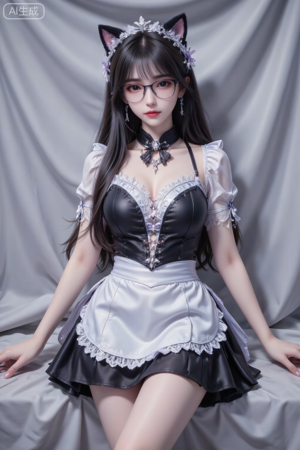 Masterpiece, the best quality, high quality, huge breasts, (black hair: 1.4), (super long legs: 1.3), (thin legs: 1.4), 1girl, female, wearing a plush cat ear headband (with lace trim), half-rimmed glasses, black and white maid outfit (lace details), half body, with interactive hand elements, light gray cloth background, cute style cosplay genre, black and white gray + Plush warm tones, close-up composition, delicate textures (clothing lace, cat ear plush, glasses texture, hand layers), visual focus (cute shape), high-definition texture, complex details (headband lace, maid uniform wrinkles, glasses texture), cute and sweet atmosphere, original cute style cosplay design