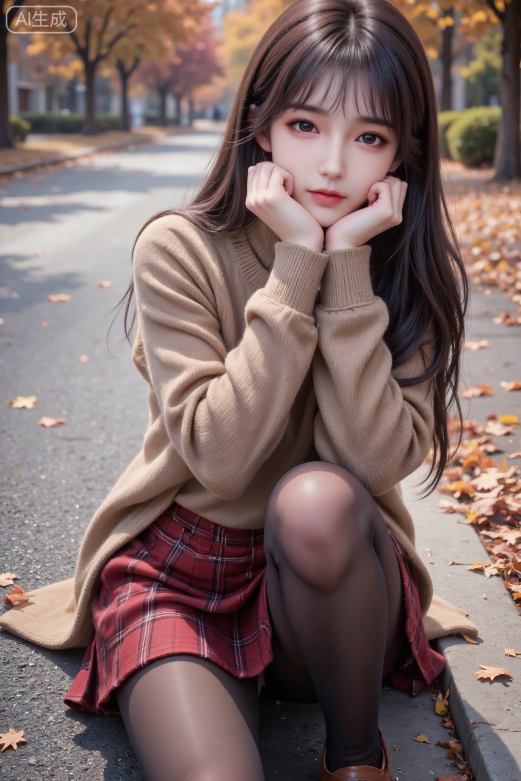 Masterpiece, the best quality, high quality, huge breasts, (black hair: 1.4), (super long legs: 1.3), (thin legs: 1.4), 1girl, realistic style, slightly overhead perspective, daily snapshot style, not carefully composed or lit, clear, young and elegant beauty, pure lust, fair skin, idol temperament, a 19-year-old Asian beauty, big eyes, high nose bridge, fair skin, cold white skin. She has long black and brown hair, wearing a khaki knitted sweater jacket, paired with a dark red plaid jk skirt, brown thick leggings, brown Mary Sue leather shoes, sitting on the asphalt road, maple leaves, fallen leaves, sitting on the curb, dragging her chin with her hands, taking a full body photo, with a cute expression.