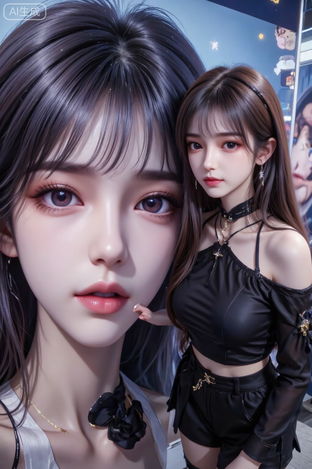 Masterpiece, the best quality, high quality, huge breasts, (black hair: 1.4), (super long legs: 1.3), (thin legs: 1.4), 1girl, this is a creative selfie photo of real people and comic characters in the same frame. The details are described as follows:
The subject of the picture is a close-up half-length shot, with the real person on the right (accounting for about 60% of the picture): a young woman with long, straight dark brown bangs, smooth and shiny hair that hangs down to her chest; exquisite makeup and prominent eye makeup (long, curly eyelashes with dark brown eyes). Her lip makeup is pink and brown with glossy texture, and her facial skin is delicate and cold white. She wears a black off-shoulder top, exposing the line of her right shoulder and neck. She leans sideways next to the comic props, her head slightly turned towards the camera, and her left fingertips are slightly raised close to the comic area, with a relaxed and natural posture.

The comic character on the left (accounting for about 35% of the screen): presented in the form of a large-size illustration prop, showing only a close-up of half the face of a two-dimensional girl with the same hairstyle (dark black bangs); the facial features are the iconic over-proportion design of Japanese comics - the diameter of the eyes accounts for 1/3 of the face, and the iris is a purple-blue gradient. The color is matched with thick and long eyelashes; the lips are full and slightly open, part of the teeth is exposed, the lines are sharp and have comic-style line shadows (enhancing the three-dimensional effect), and the expression shows a dynamic tension of slight surprise; the painting style is modern Japanese comic brushwork, with clear lines, black and white as the main color, and the eyes are decorated with colors.

The remaining 5% of the background is made up of blurry fragments of other anime characters. The overall tone is colder and bluer. The real texture of the real person forms a strong contrast with the line sense of the comics. Through the interactive composition of "real people leaning lightly on comic props", the creative atmosphere of "self-portrait in the same frame of one dimension" is accurately presented.