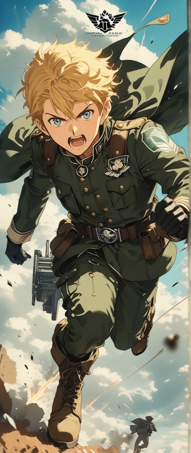 short hair open mouth blue eyes blonde hair 1boy jacket weapon male focus boots sky belt sword cloud cape motion blur embl...